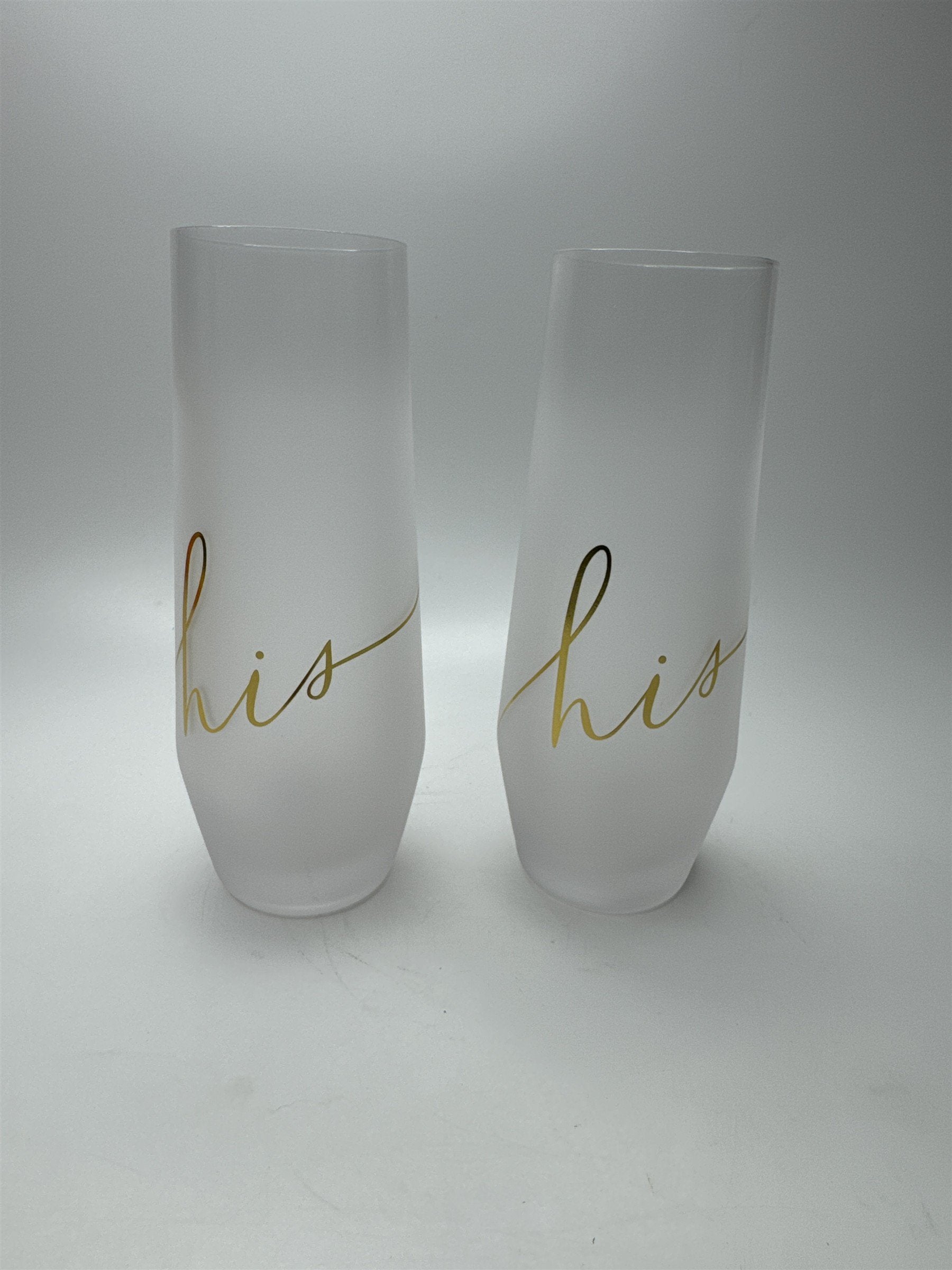 Set of 2 Hallmark His Stemless Frosted Champagne Glasses Flutes Gold Writing