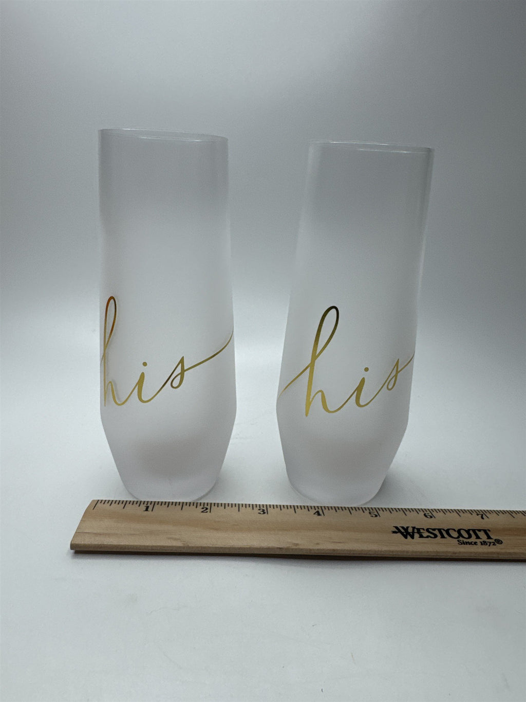 Set of 2 Hallmark His Stemless Frosted Champagne Glasses Flutes Gold Writing