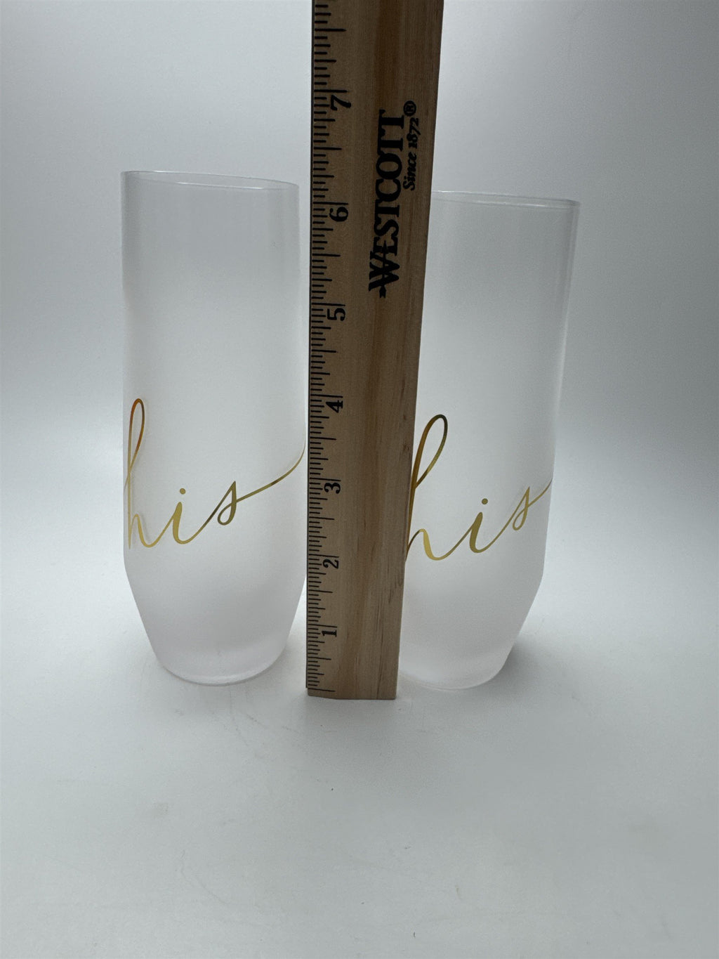 Set of 2 Hallmark His Stemless Frosted Champagne Glasses Flutes Gold Writing