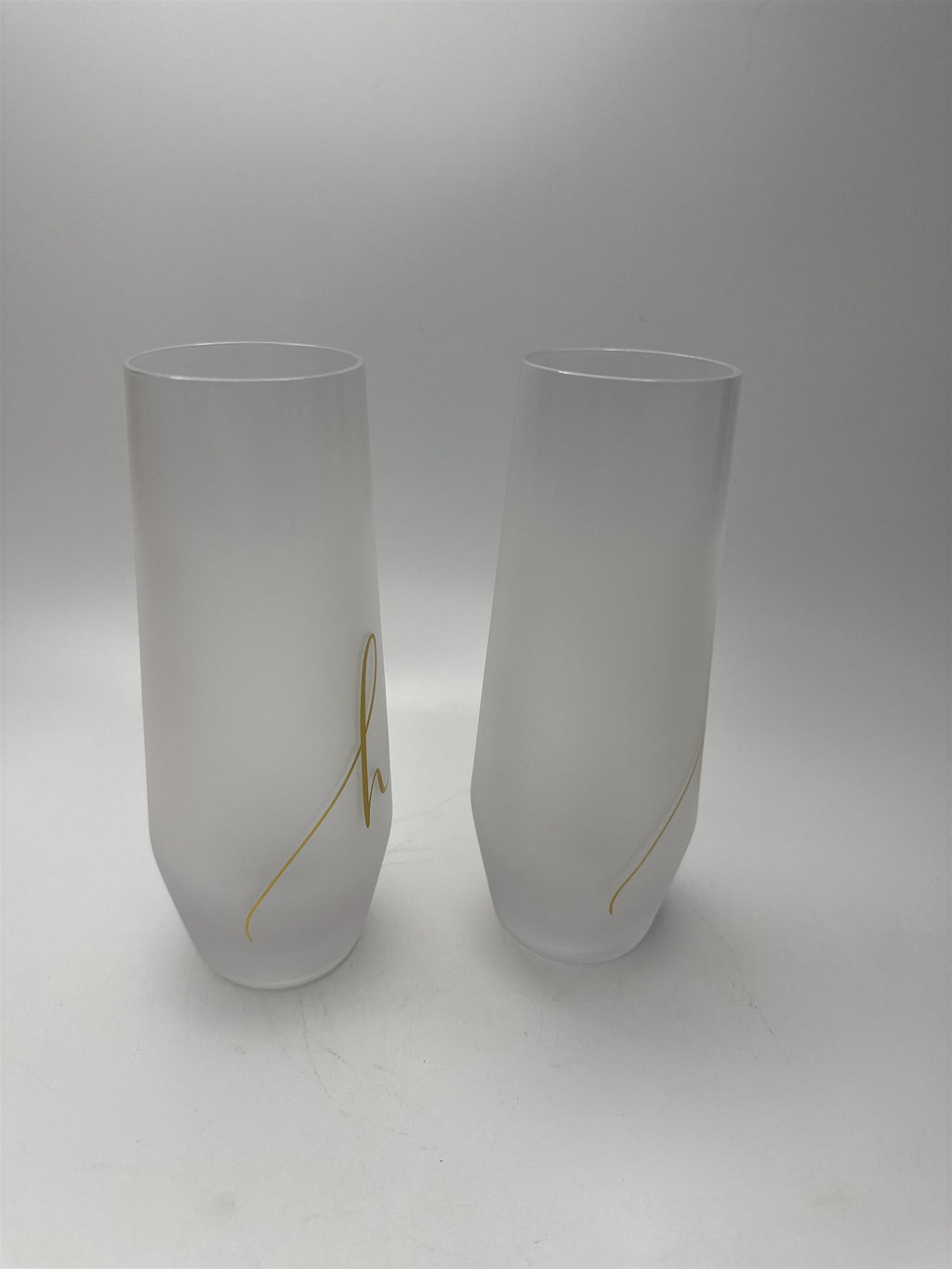 Set of 2 Hallmark His Stemless Frosted Champagne Glasses Flutes Gold Writing
