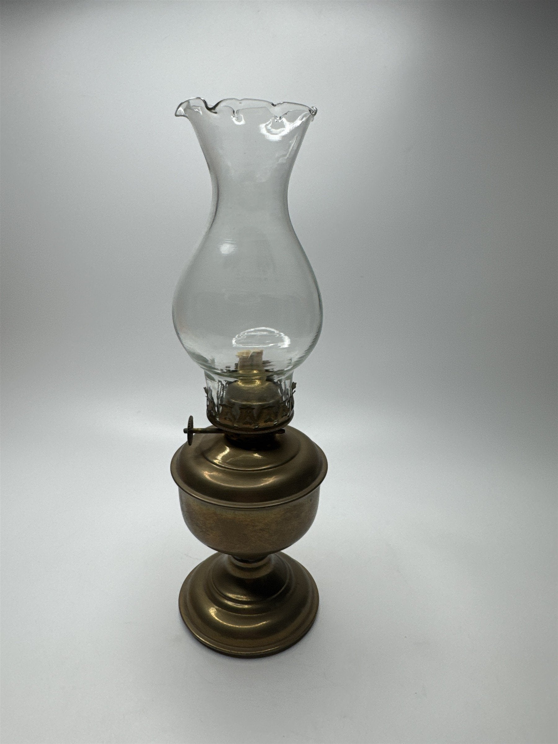 Vintage Mini Solid Brass Oil Lamp Clear Glass Shade Upper Deck Ltd Made in India