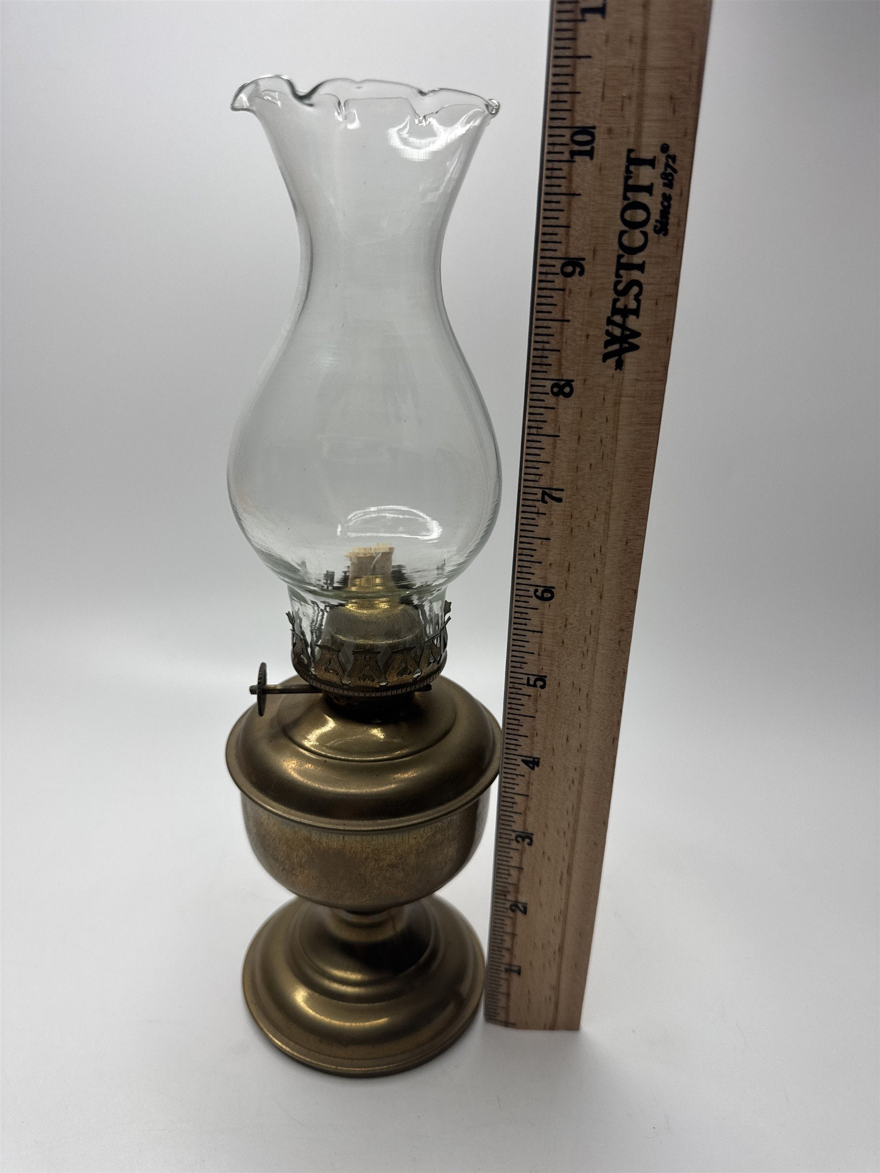 Vintage Mini Solid Brass Oil Lamp Clear Glass Shade Upper Deck Ltd Made in India