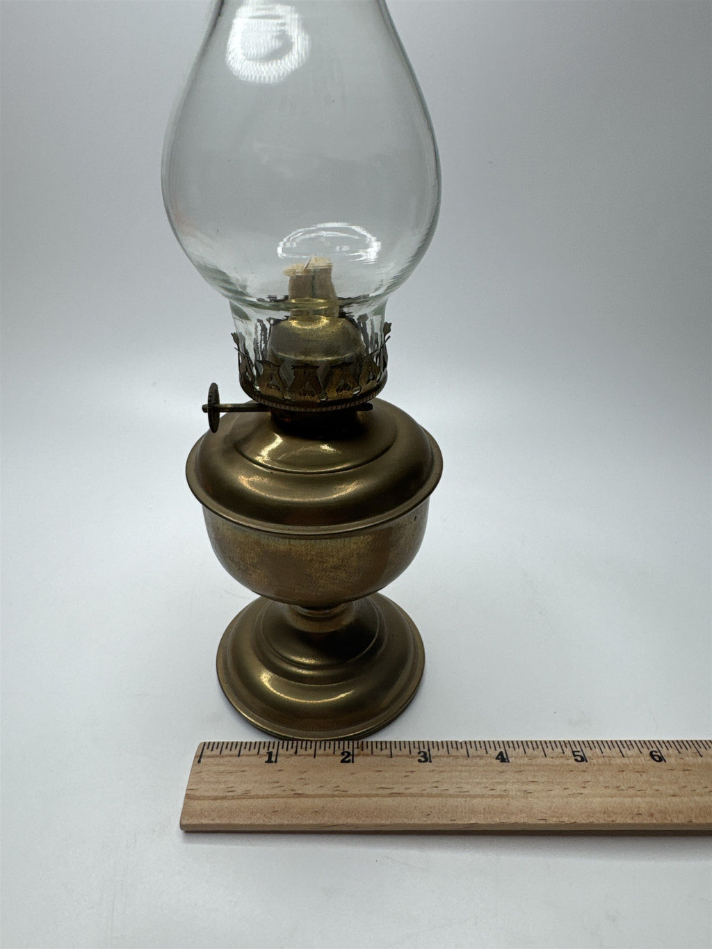 Vintage Mini Solid Brass Oil Lamp Clear Glass Shade Upper Deck Ltd Made in India
