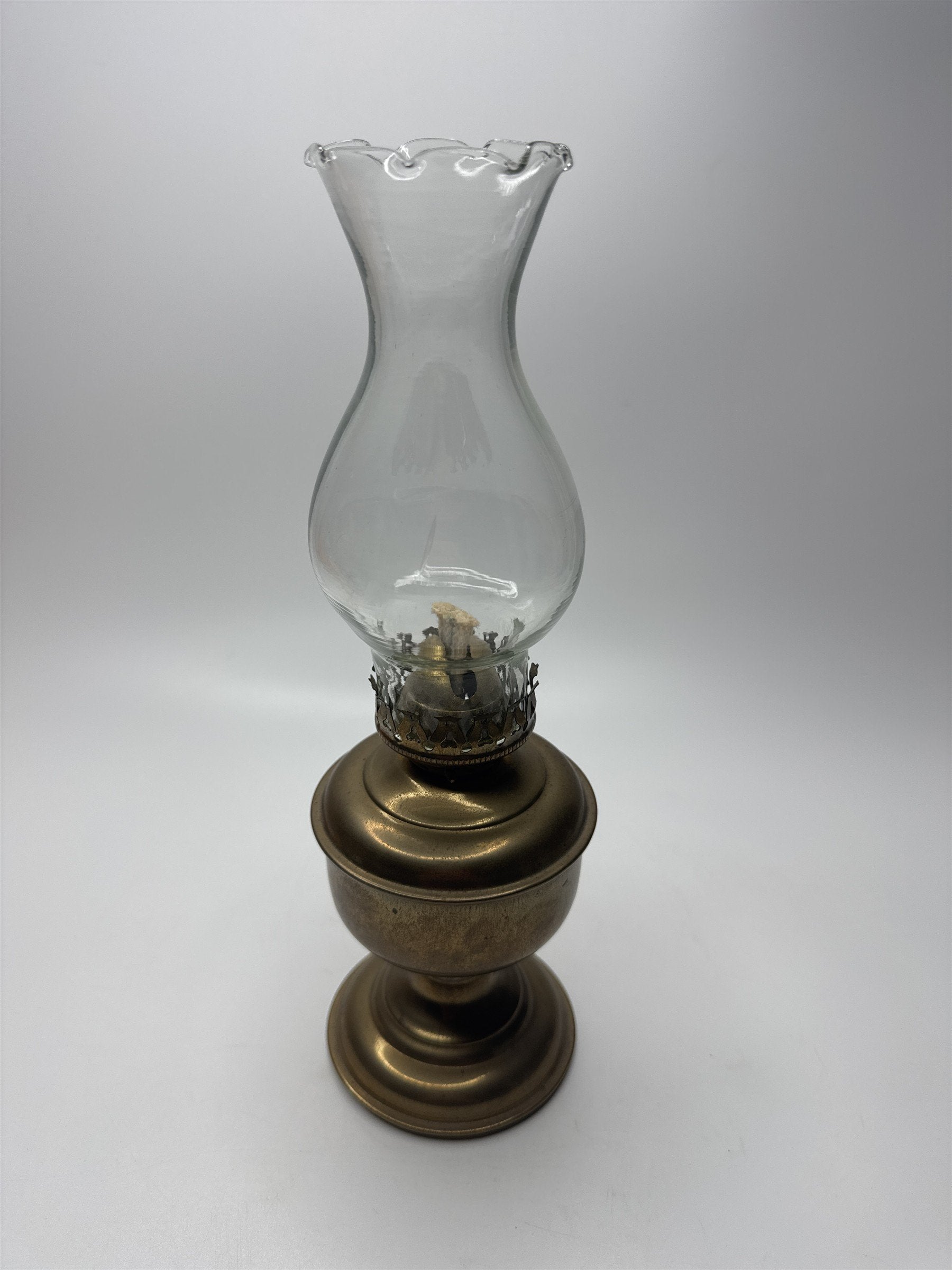 Vintage Mini Solid Brass Oil Lamp Clear Glass Shade Upper Deck Ltd Made in India