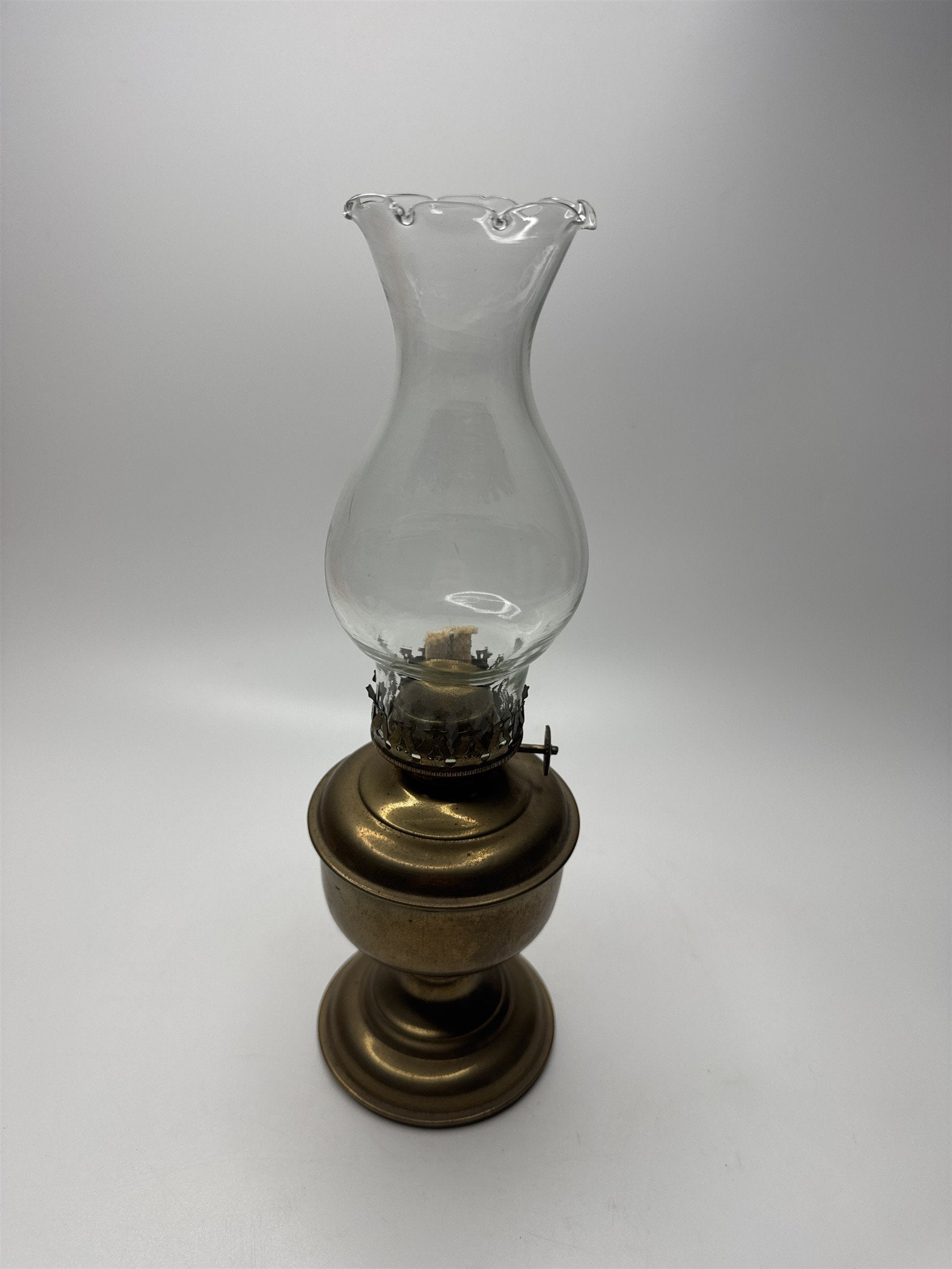 Vintage Mini Solid Brass Oil Lamp Clear Glass Shade Upper Deck Ltd Made in India