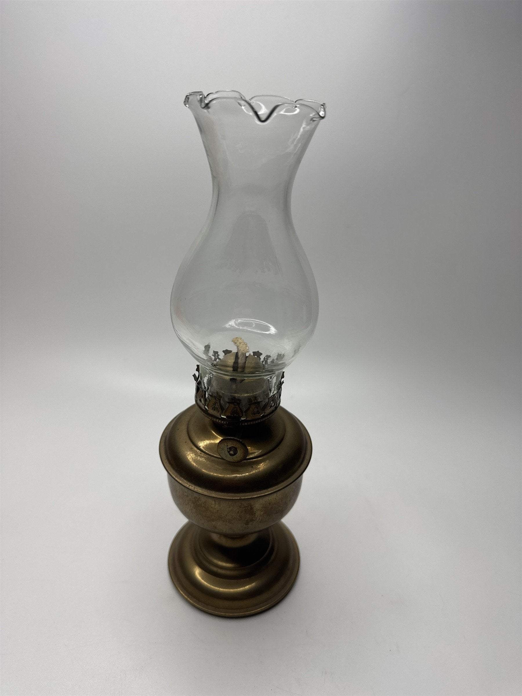 Vintage Mini Solid Brass Oil Lamp Clear Glass Shade Upper Deck Ltd Made in India