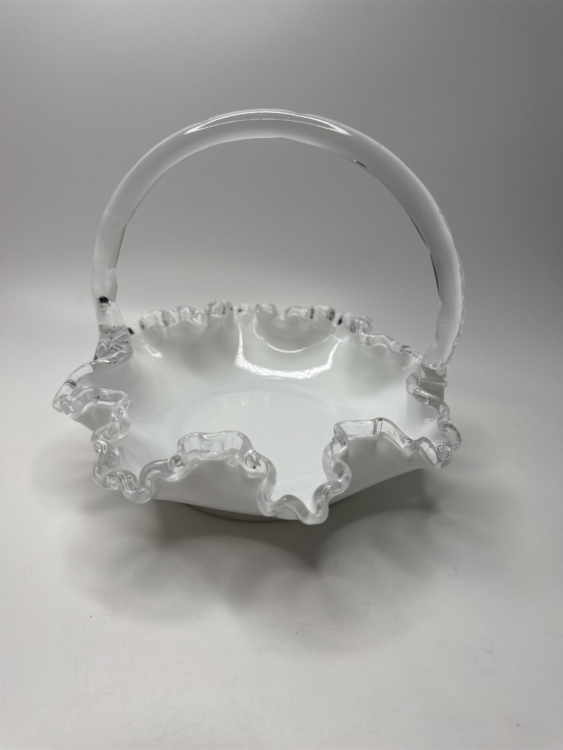 Fenton Silver Crest #36 Ruffle Edged Bridal Basket White Milk Glass 8" Basket