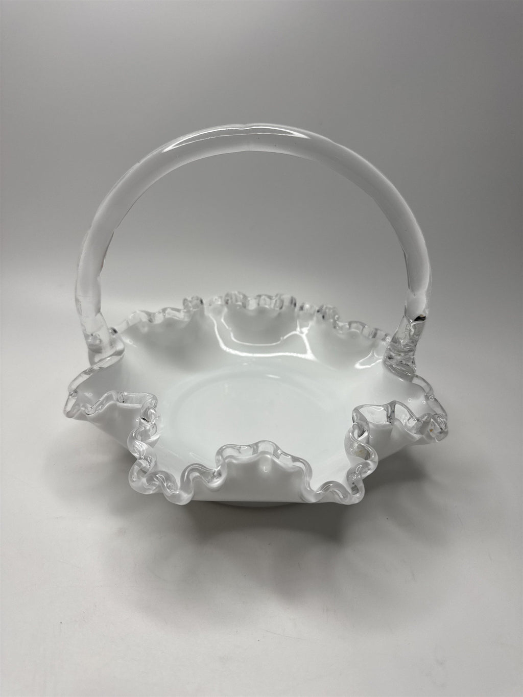 Fenton Silver Crest #36 Ruffle Edged Bridal Basket White Milk Glass 8" Basket