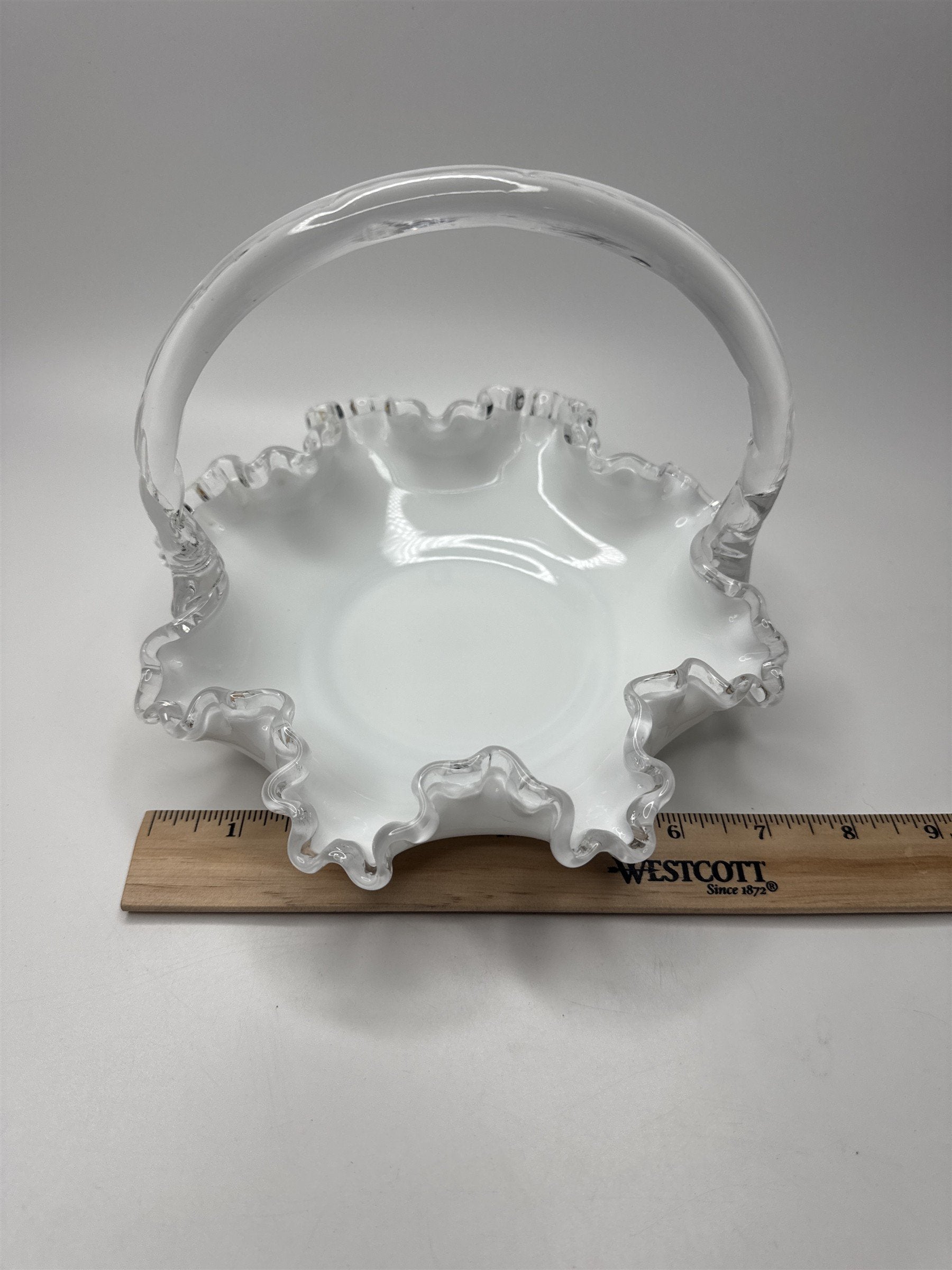 Fenton Silver Crest #36 Ruffle Edged Bridal Basket White Milk Glass 8" Basket