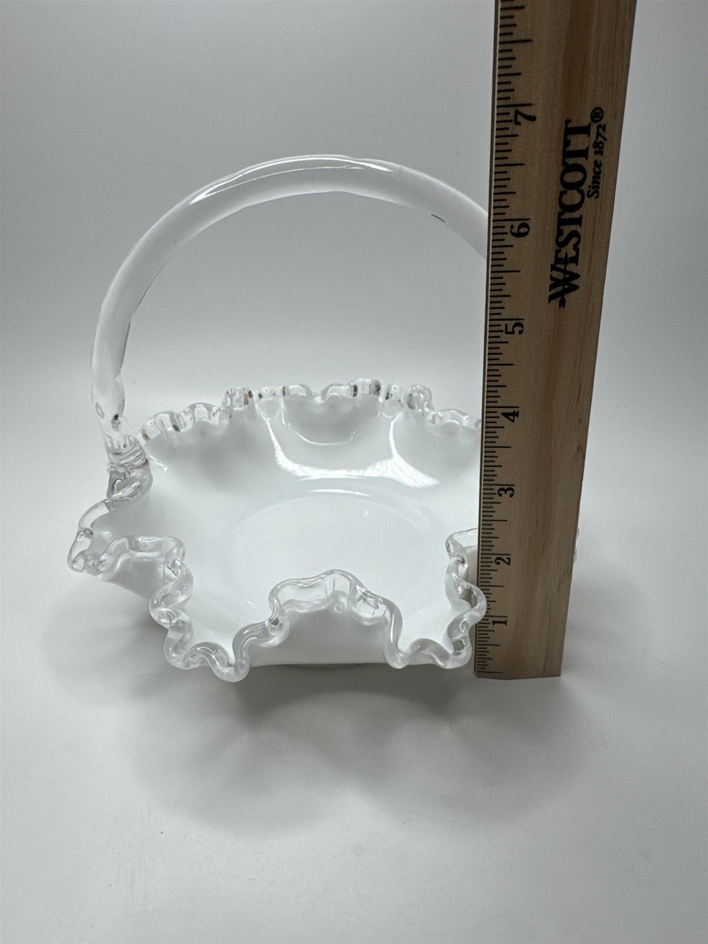 Fenton Silver Crest #36 Ruffle Edged Bridal Basket White Milk Glass 8" Basket