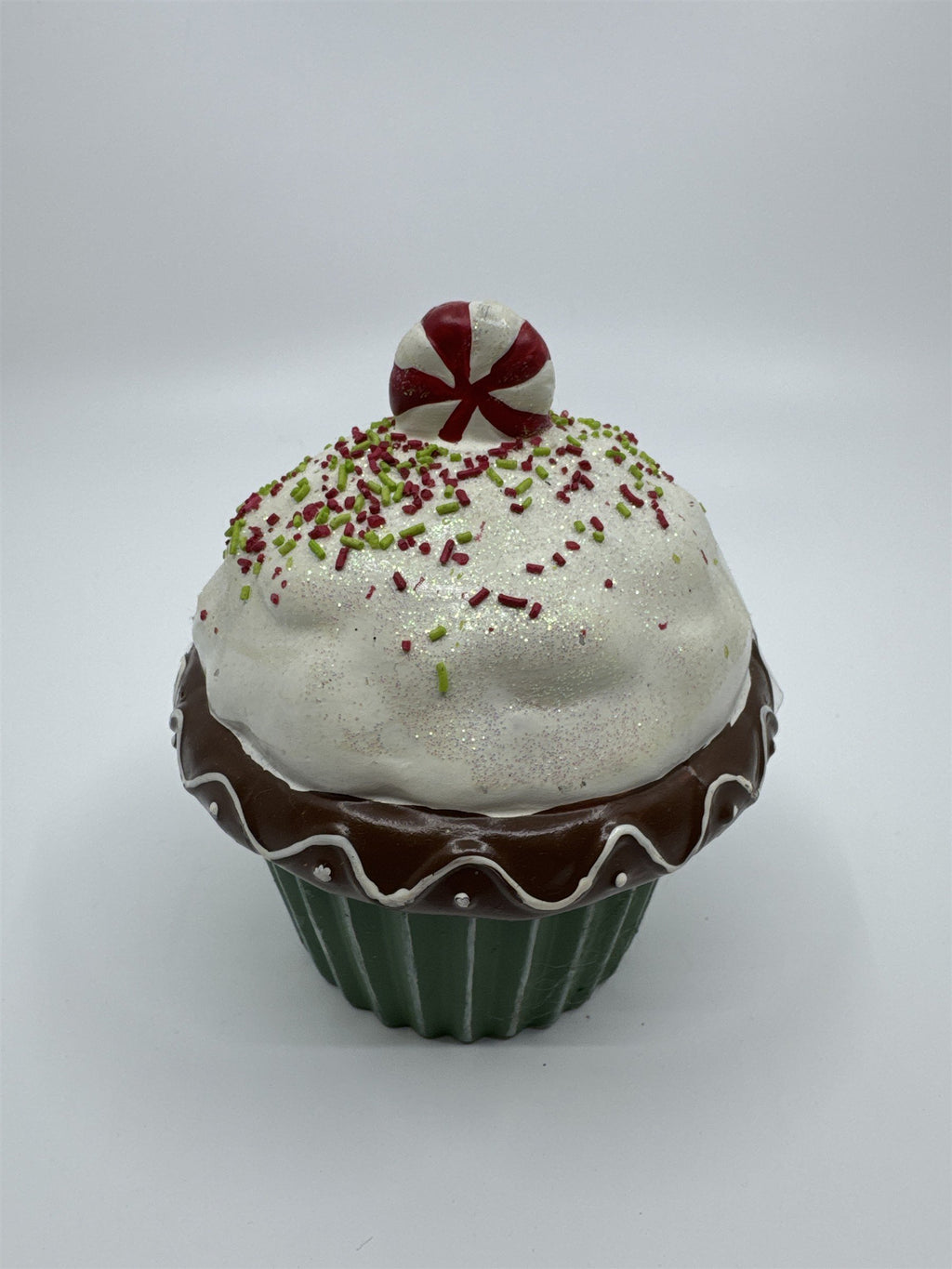 Vintage Ceramic Christmas Cupcake Candle with Candle Inside Peppermint on top