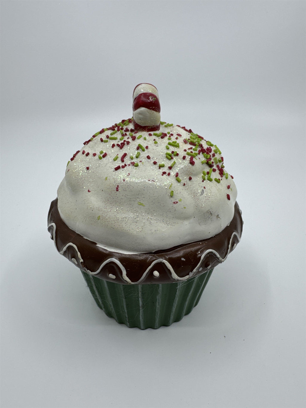 Vintage Ceramic Christmas Cupcake Candle with Candle Inside Peppermint on top