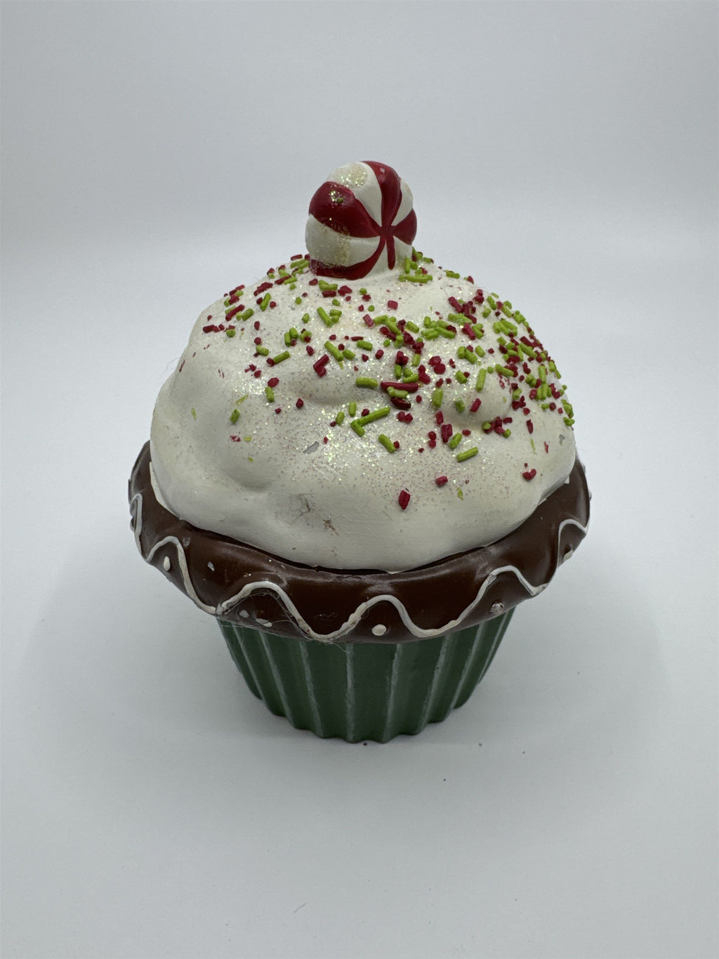 Vintage Ceramic Christmas Cupcake Candle with Candle Inside Peppermint on top
