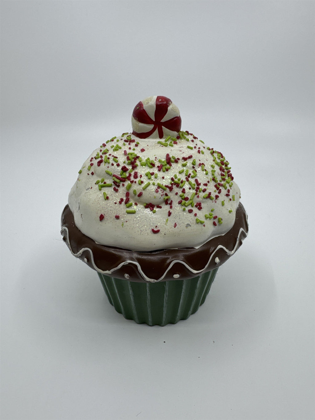 Vintage Ceramic Christmas Cupcake Candle with Candle Inside Peppermint on top