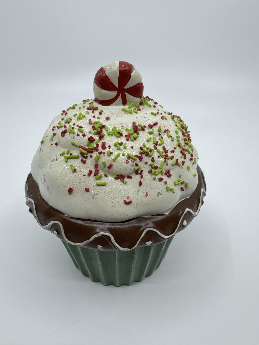 Vintage Ceramic Christmas Cupcake Candle with Candle Inside Peppermint on top