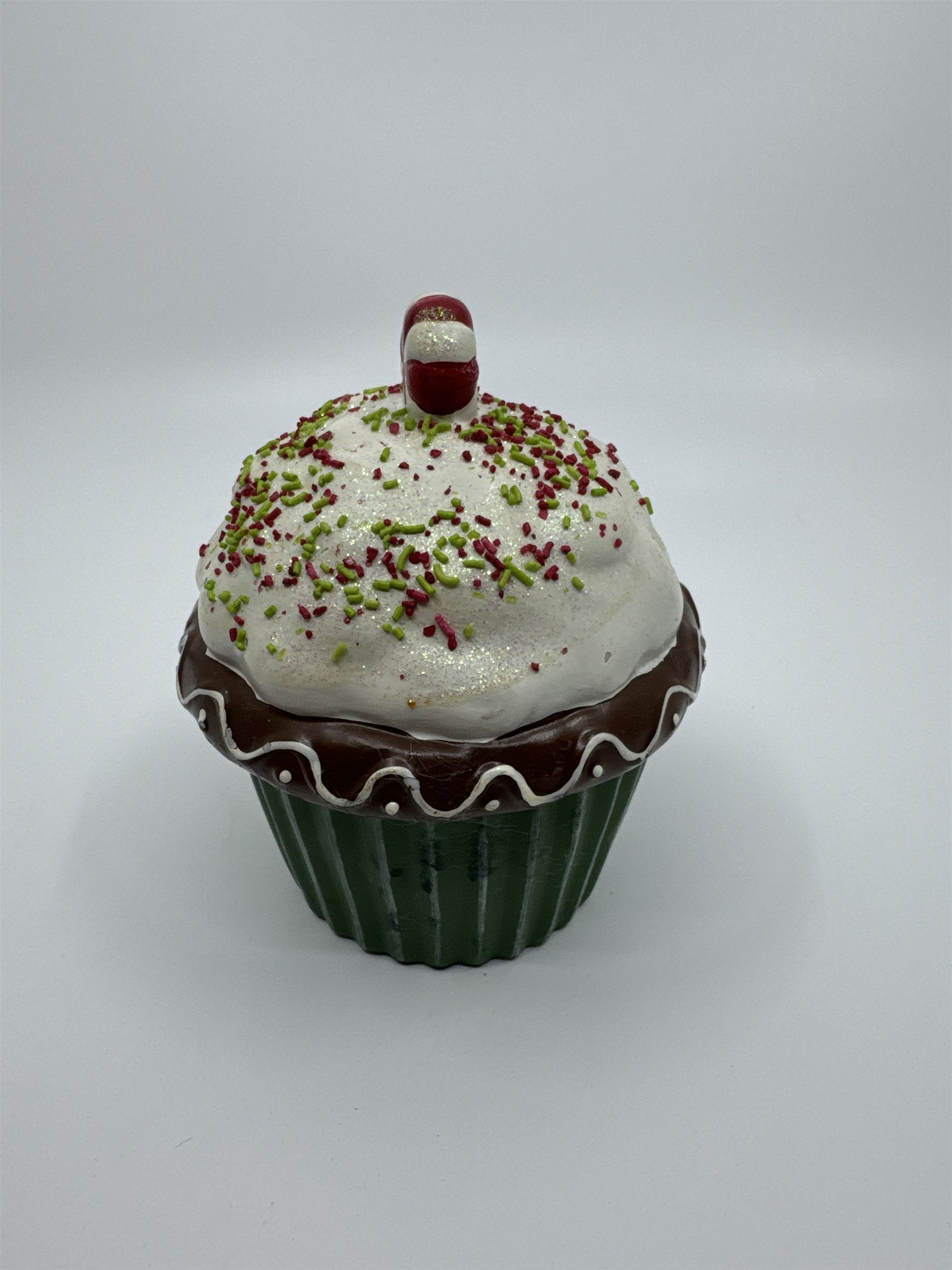 Vintage Ceramic Christmas Cupcake Candle with Candle Inside Peppermint on top