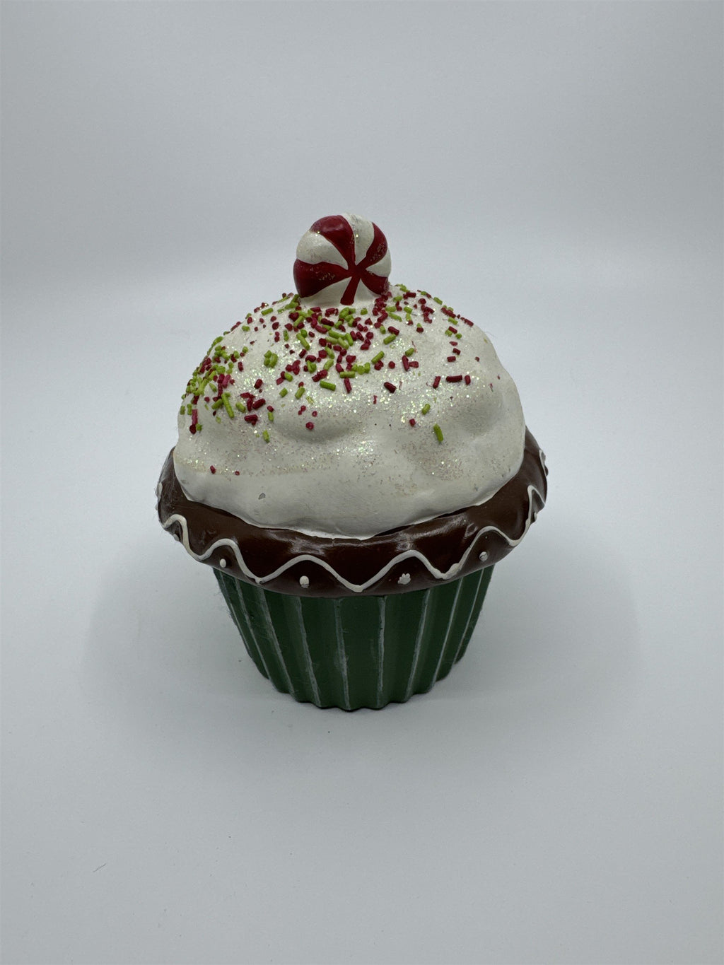 Vintage Ceramic Christmas Cupcake Candle with Candle Inside Peppermint on top