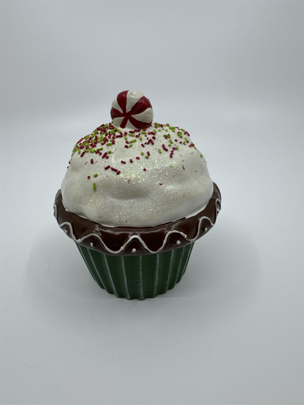 Vintage Ceramic Christmas Cupcake Candle with Candle Inside Peppermint on top