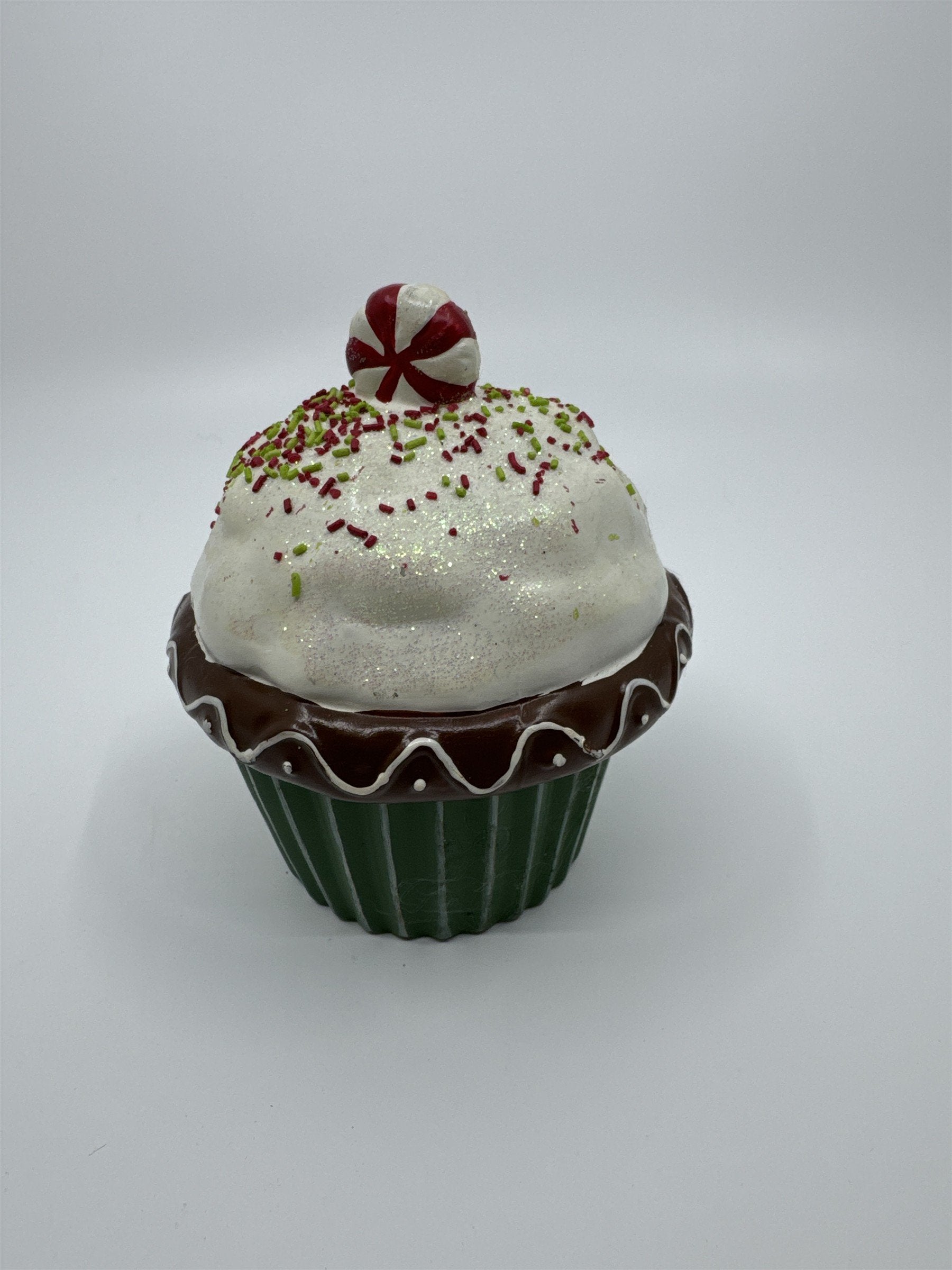 Vintage Ceramic Christmas Cupcake Candle with Candle Inside Peppermint on top