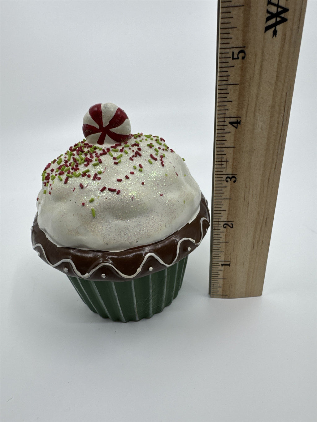 Vintage Ceramic Christmas Cupcake Candle with Candle Inside Peppermint on top