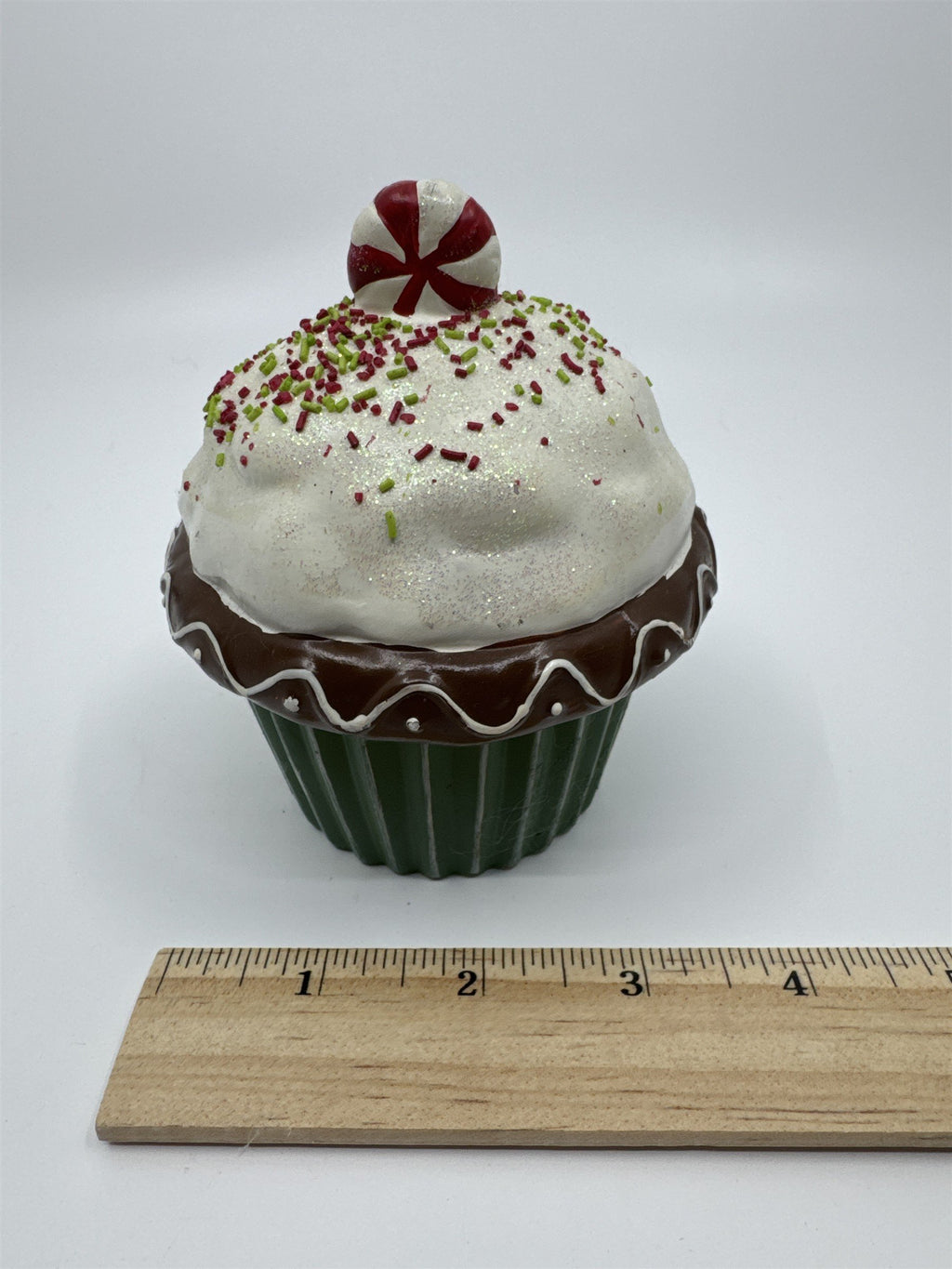 Vintage Ceramic Christmas Cupcake Candle with Candle Inside Peppermint on top
