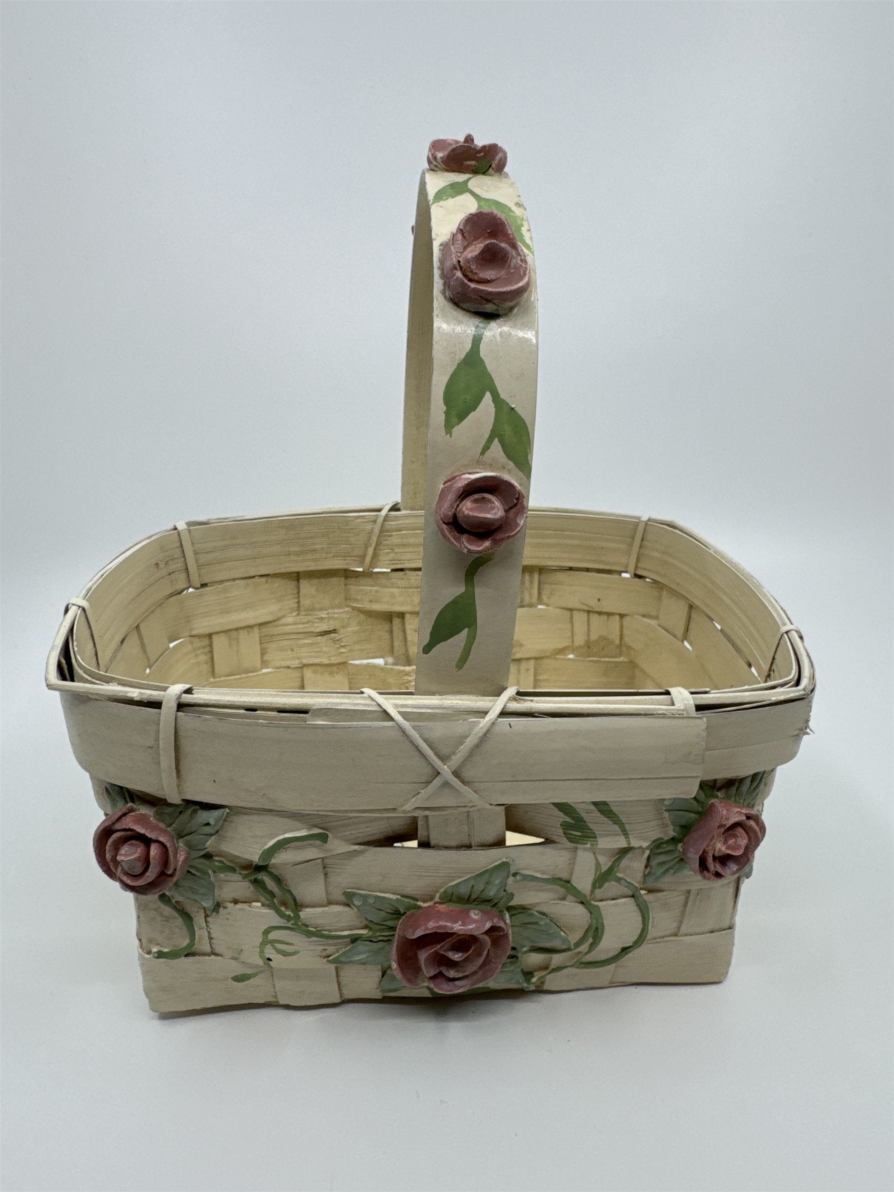 Vintage Woven Cream Basket with Raised Pink Painted Roses with Green Leaves