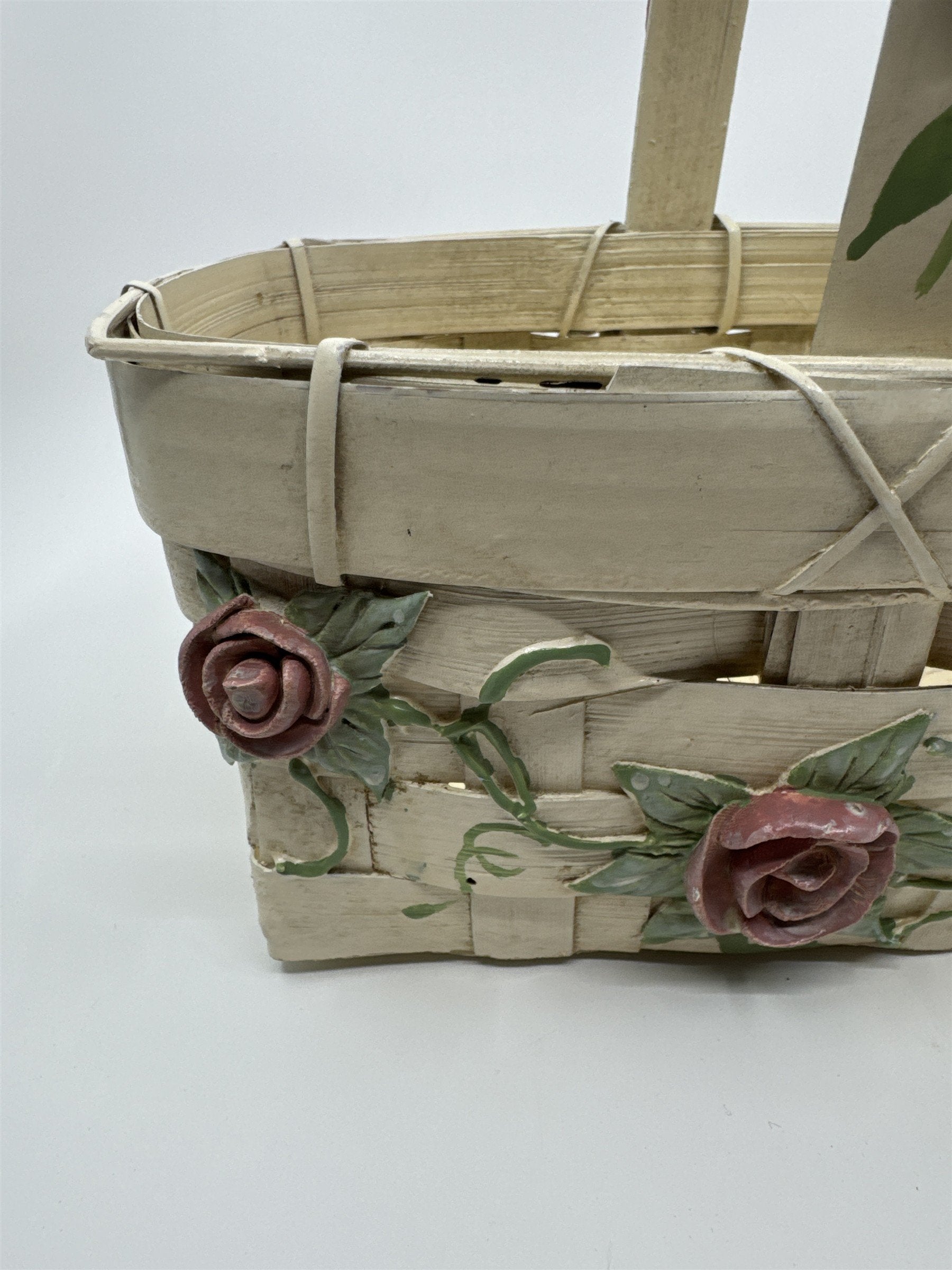 Vintage Woven Cream Basket with Raised Pink Painted Roses with Green Leaves