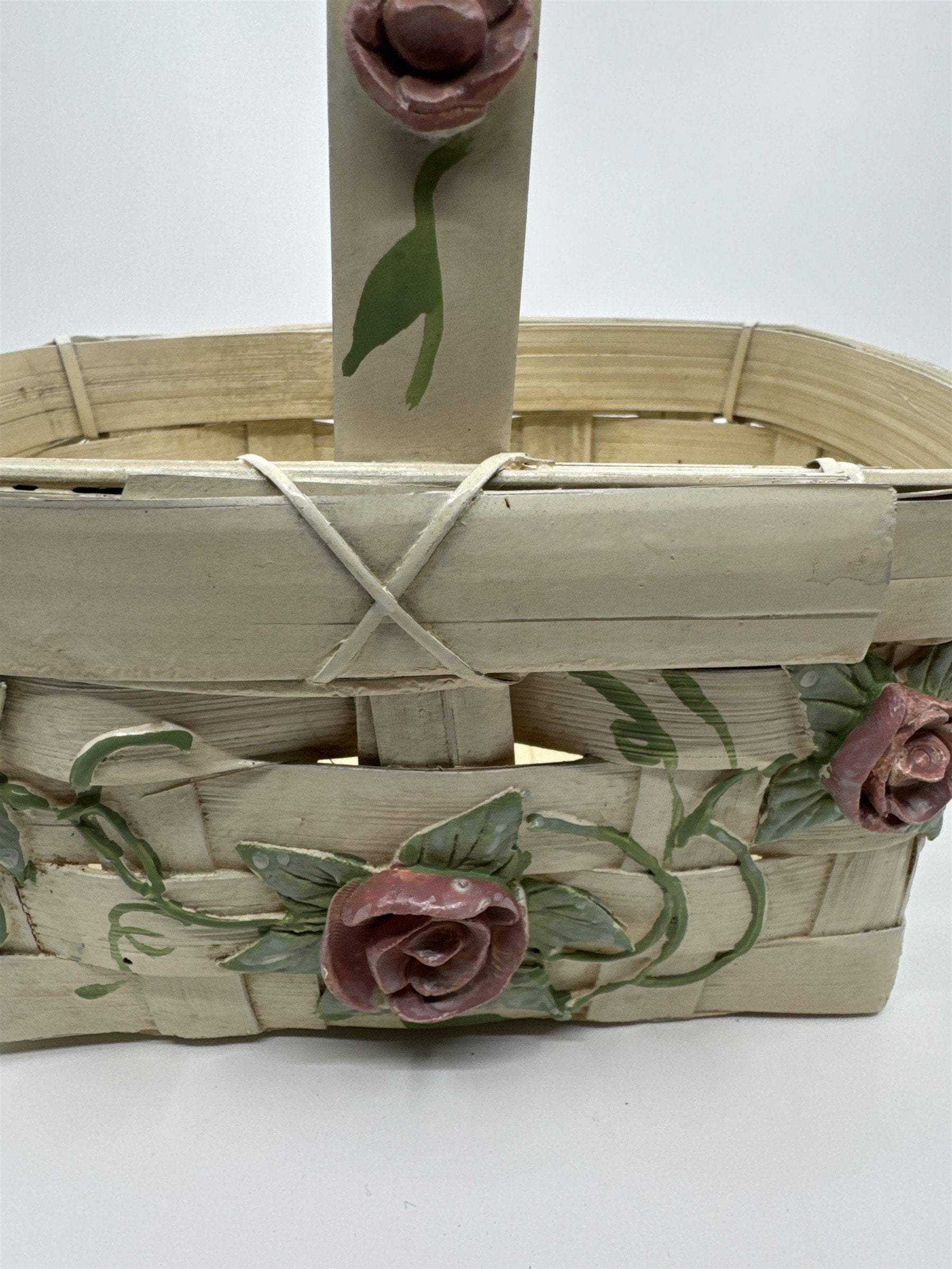 Vintage Woven Cream Basket with Raised Pink Painted Roses with Green Leaves