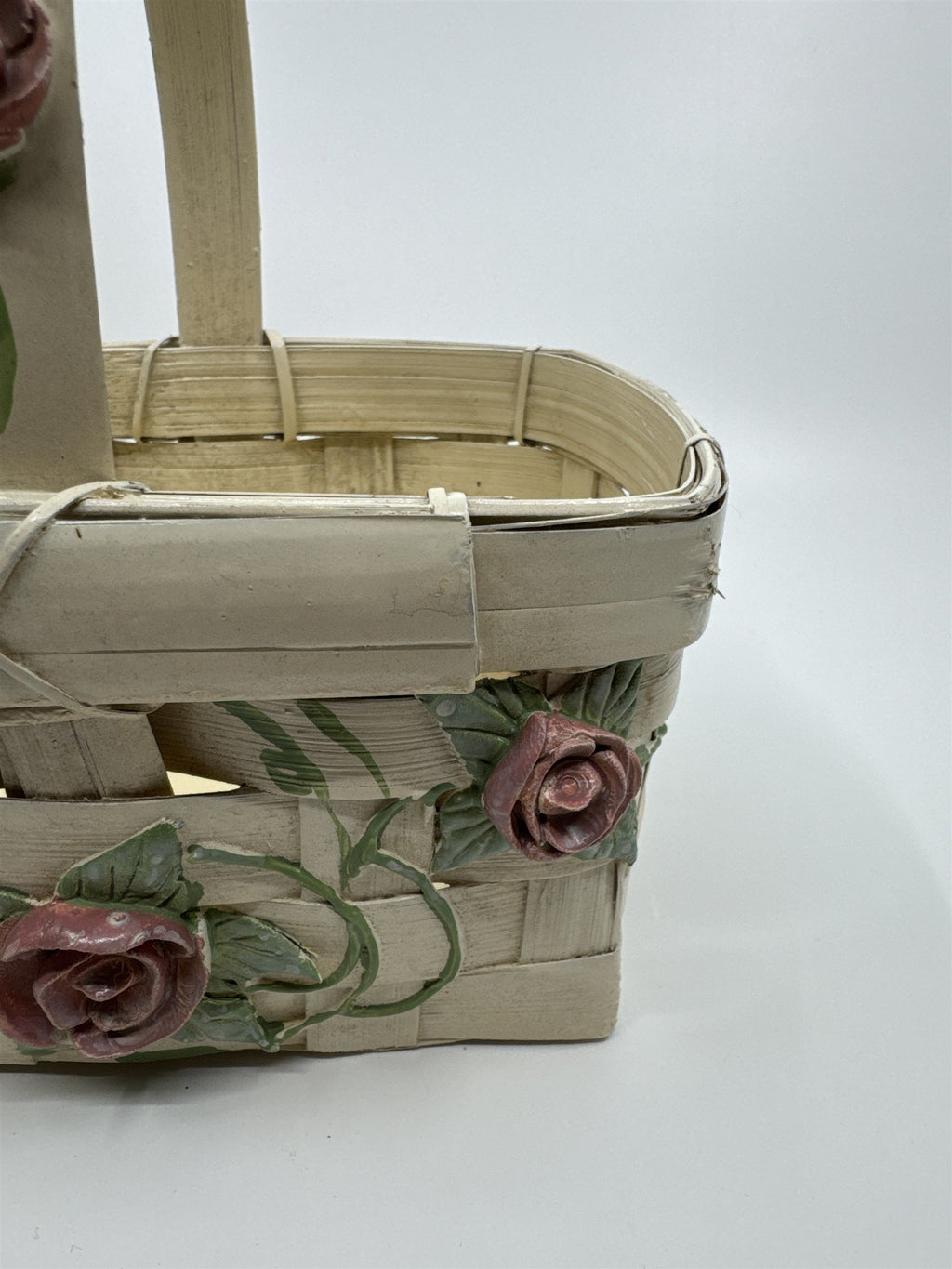 Vintage Woven Cream Basket with Raised Pink Painted Roses with Green Leaves