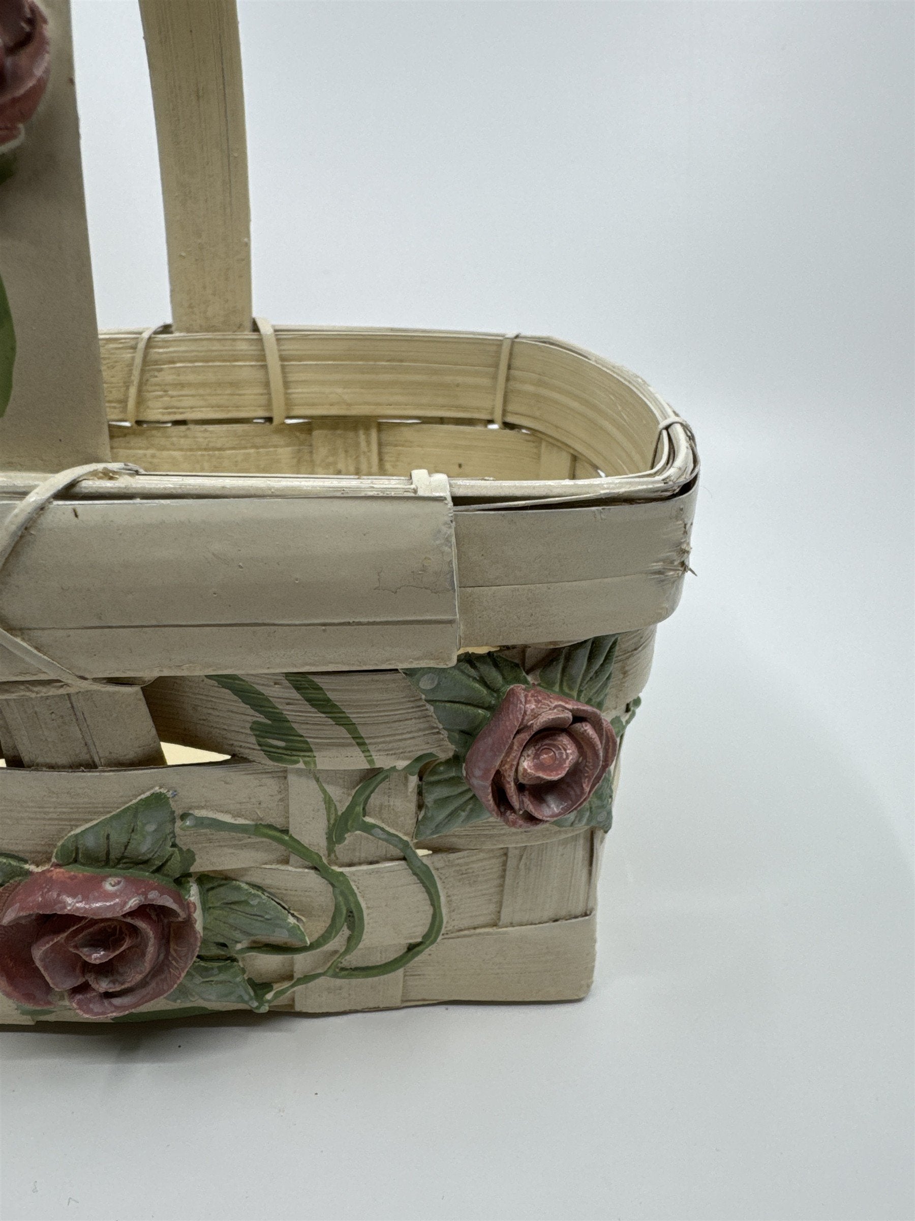 Vintage Woven Cream Basket with Raised Pink Painted Roses with Green Leaves