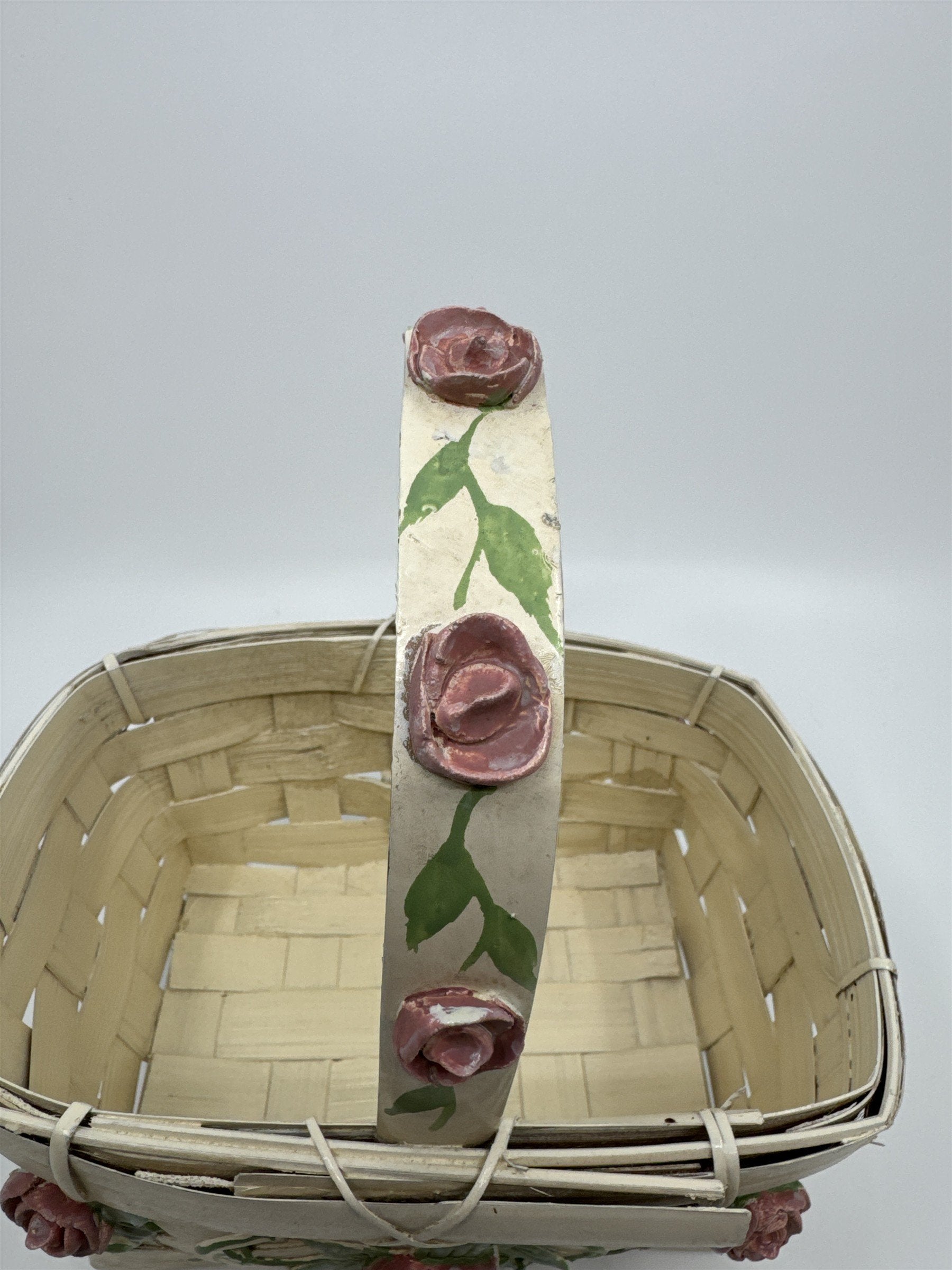 Vintage Woven Cream Basket with Raised Pink Painted Roses with Green Leaves
