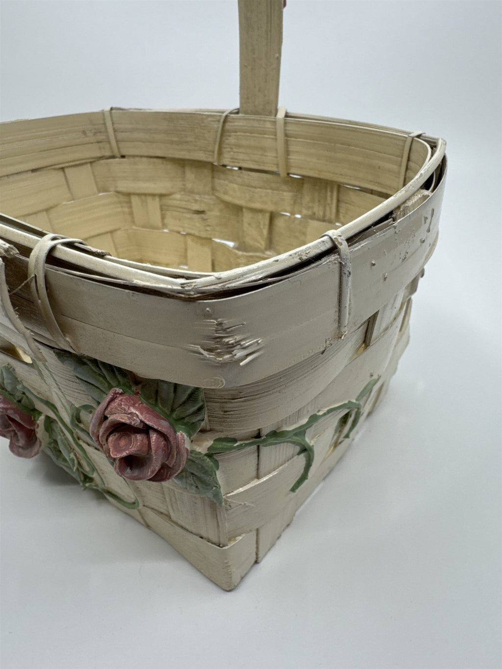 Vintage Woven Cream Basket with Raised Pink Painted Roses with Green Leaves