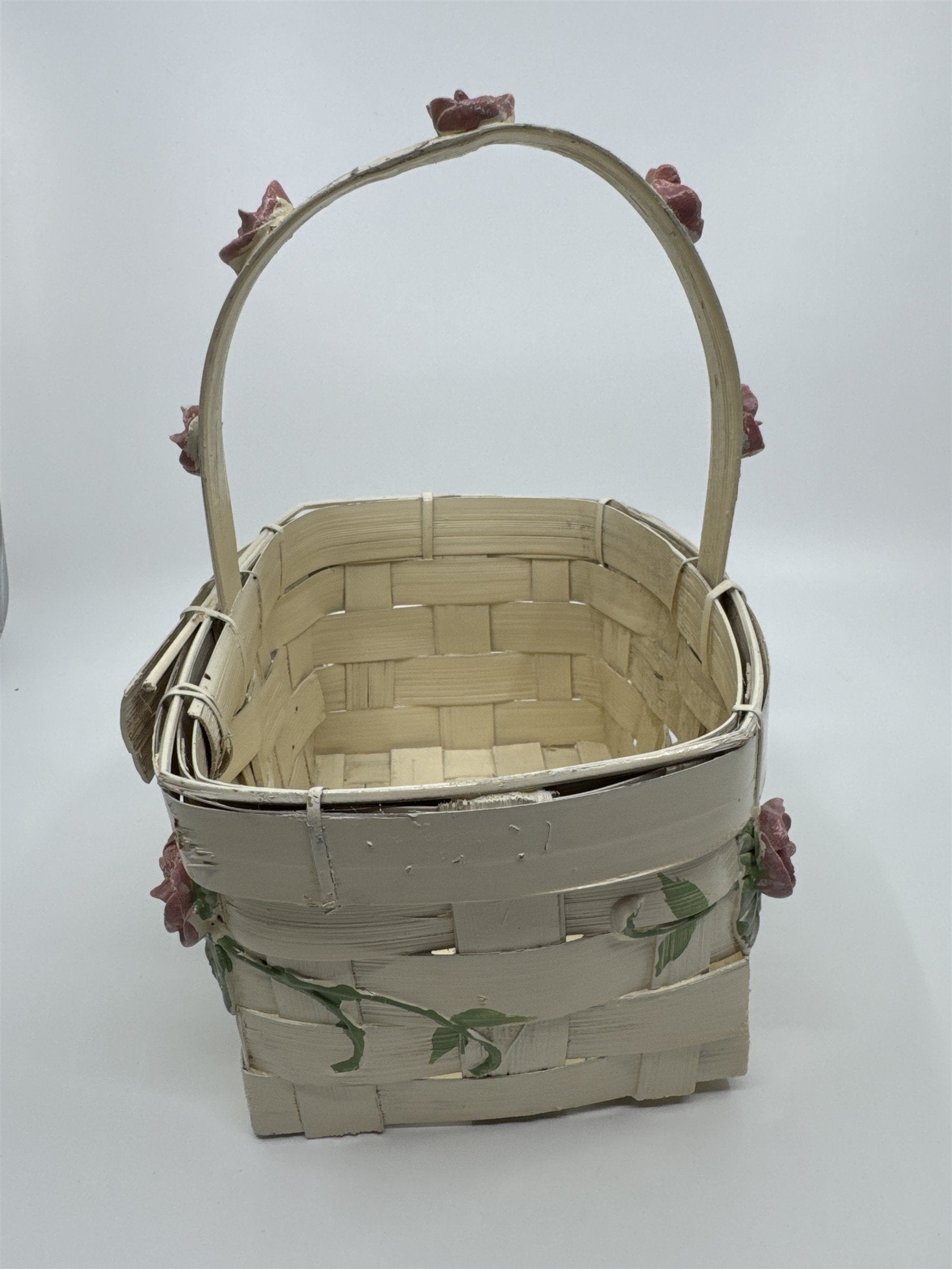 Vintage Woven Cream Basket with Raised Pink Painted Roses with Green Leaves