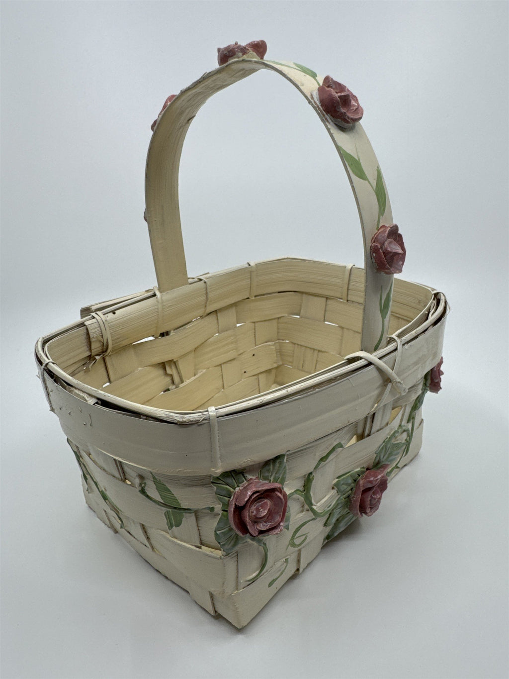 Vintage Woven Cream Basket with Raised Pink Painted Roses with Green Leaves