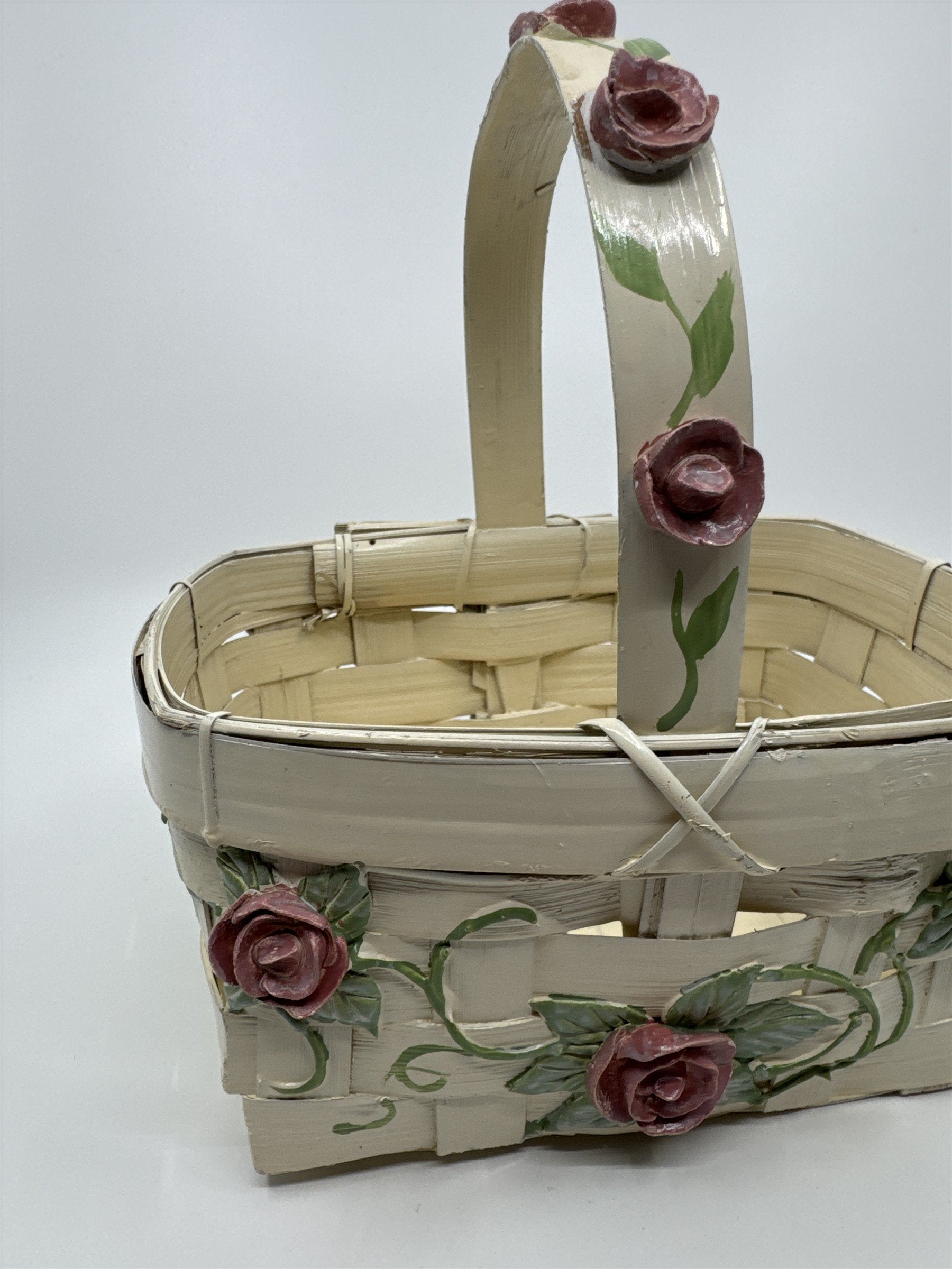 Vintage Woven Cream Basket with Raised Pink Painted Roses with Green Leaves