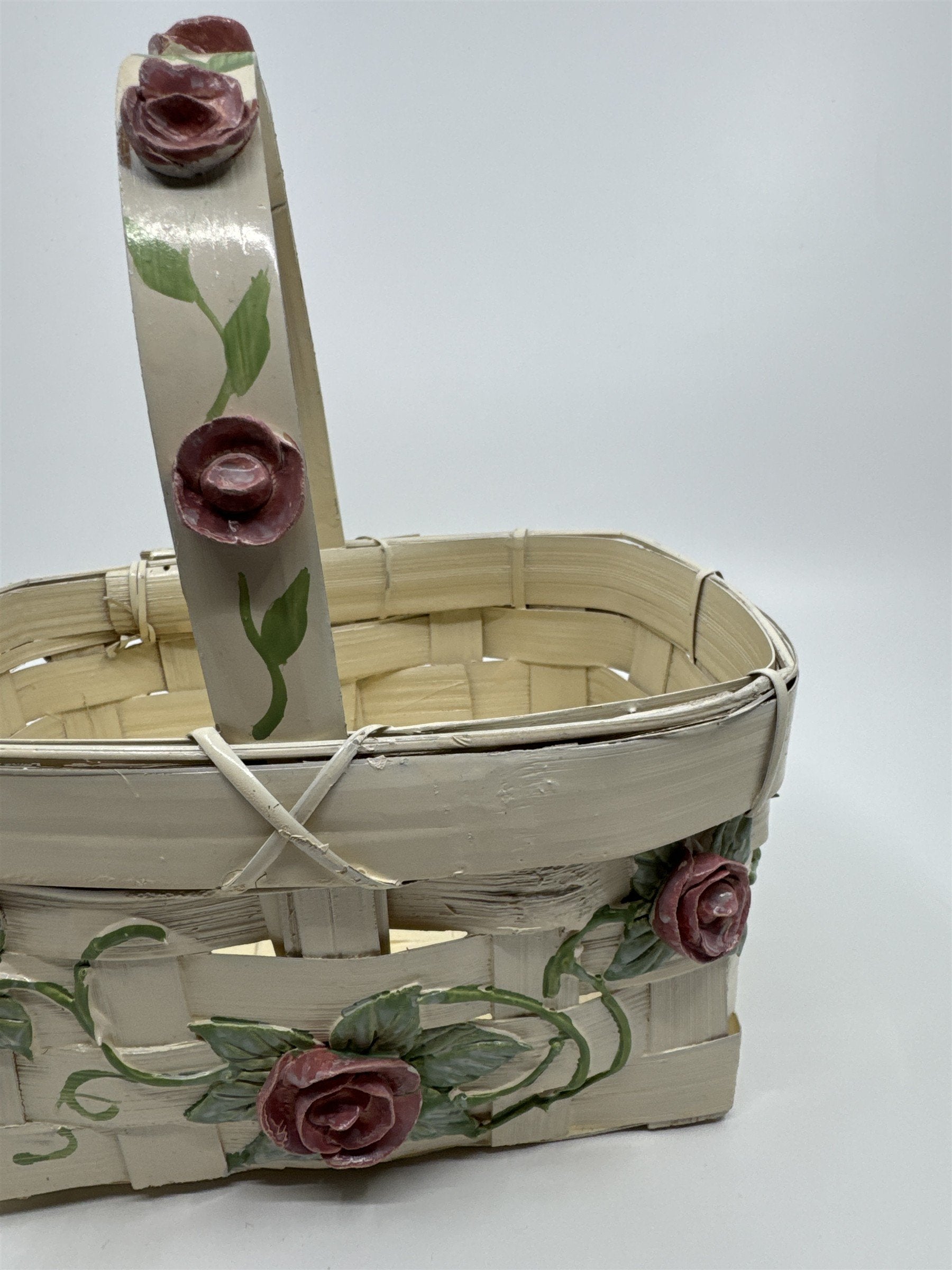 Vintage Woven Cream Basket with Raised Pink Painted Roses with Green Leaves