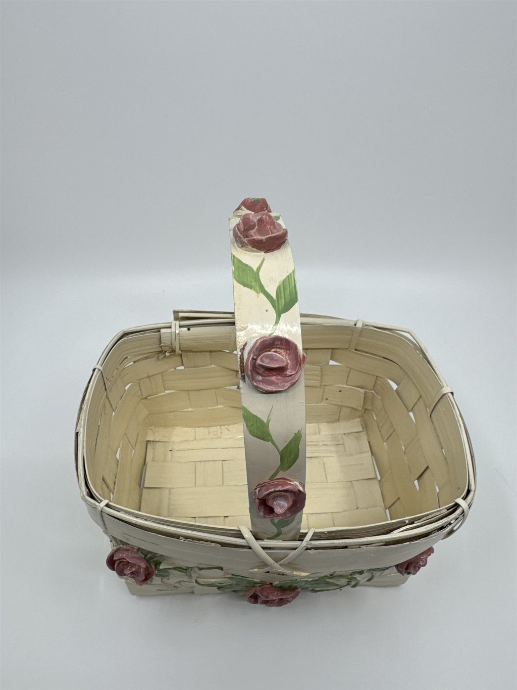 Vintage Woven Cream Basket with Raised Pink Painted Roses with Green Leaves