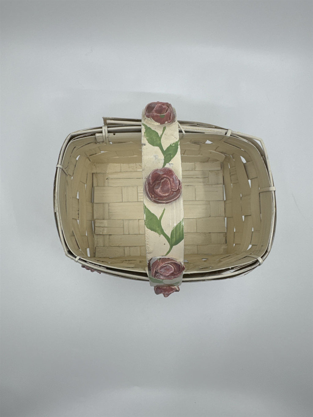 Vintage Woven Cream Basket with Raised Pink Painted Roses with Green Leaves