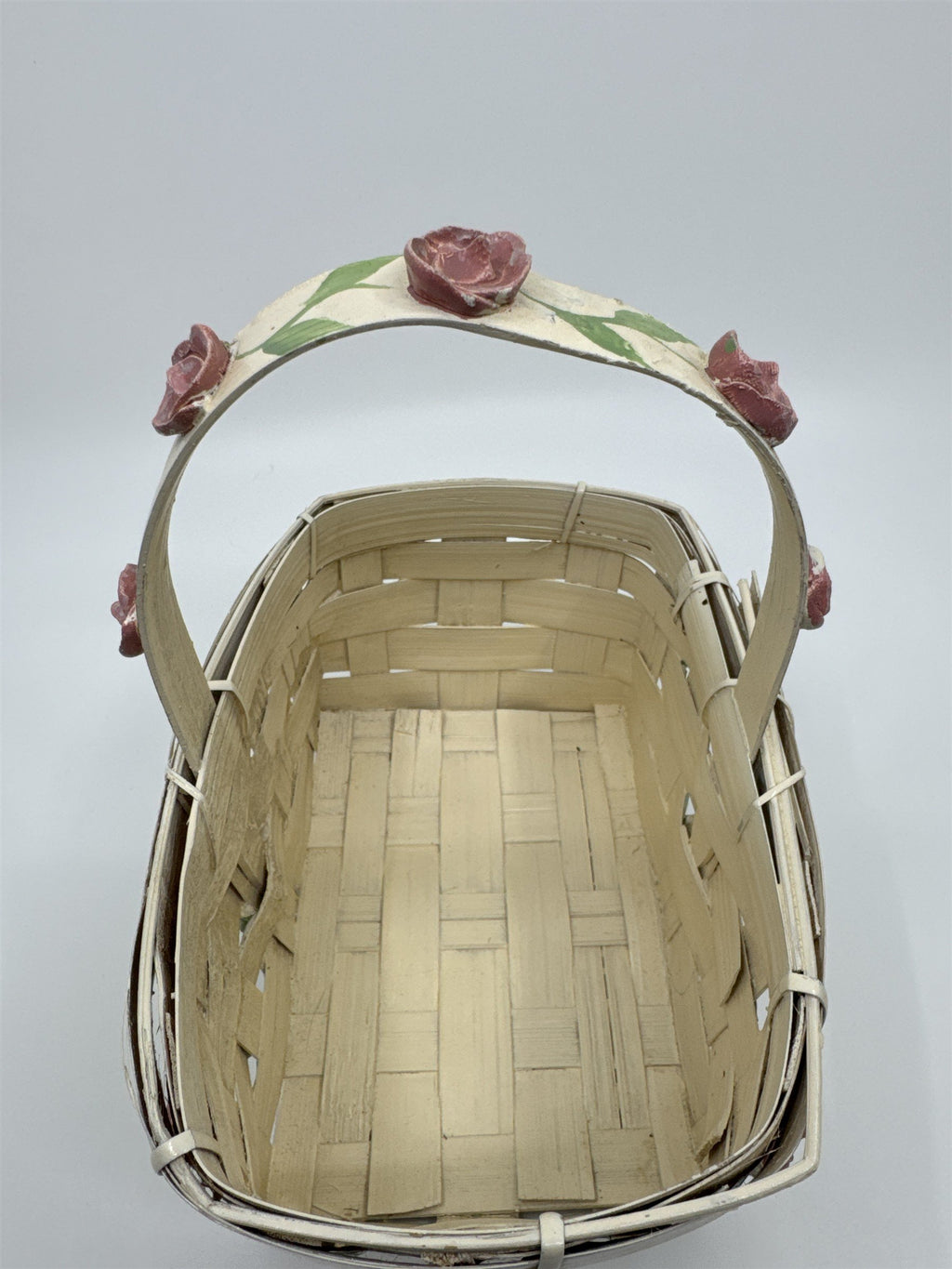 Vintage Woven Cream Basket with Raised Pink Painted Roses with Green Leaves