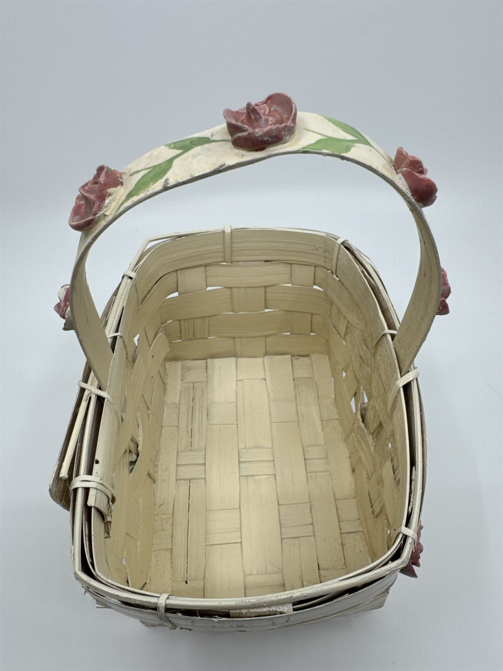 Vintage Woven Cream Basket with Raised Pink Painted Roses with Green Leaves