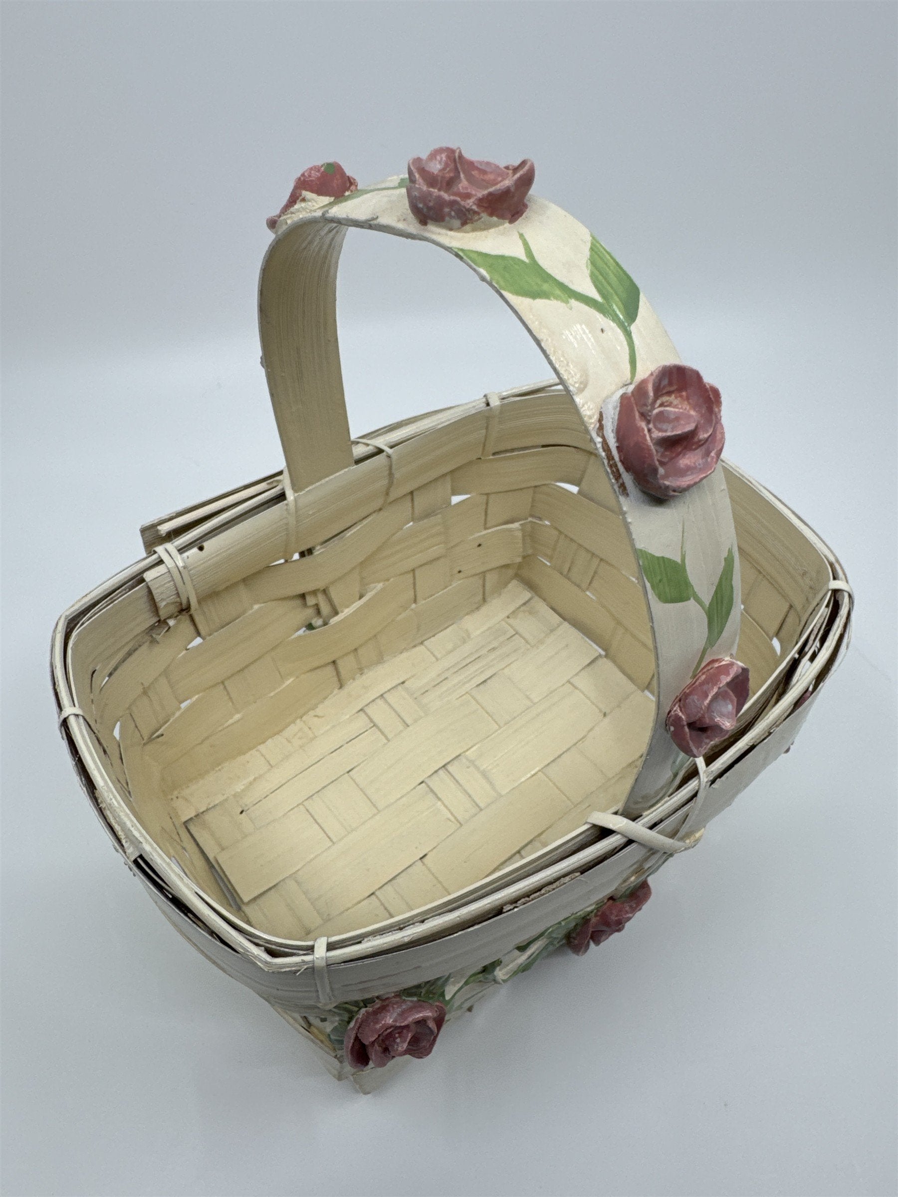Vintage Woven Cream Basket with Raised Pink Painted Roses with Green Leaves