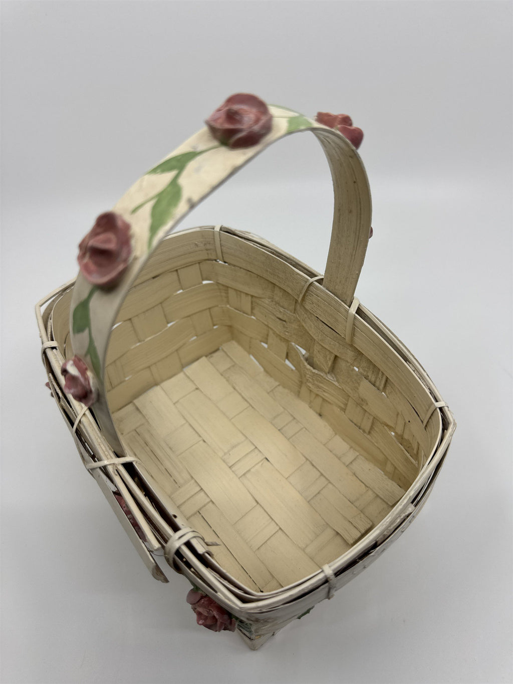 Vintage Woven Cream Basket with Raised Pink Painted Roses with Green Leaves