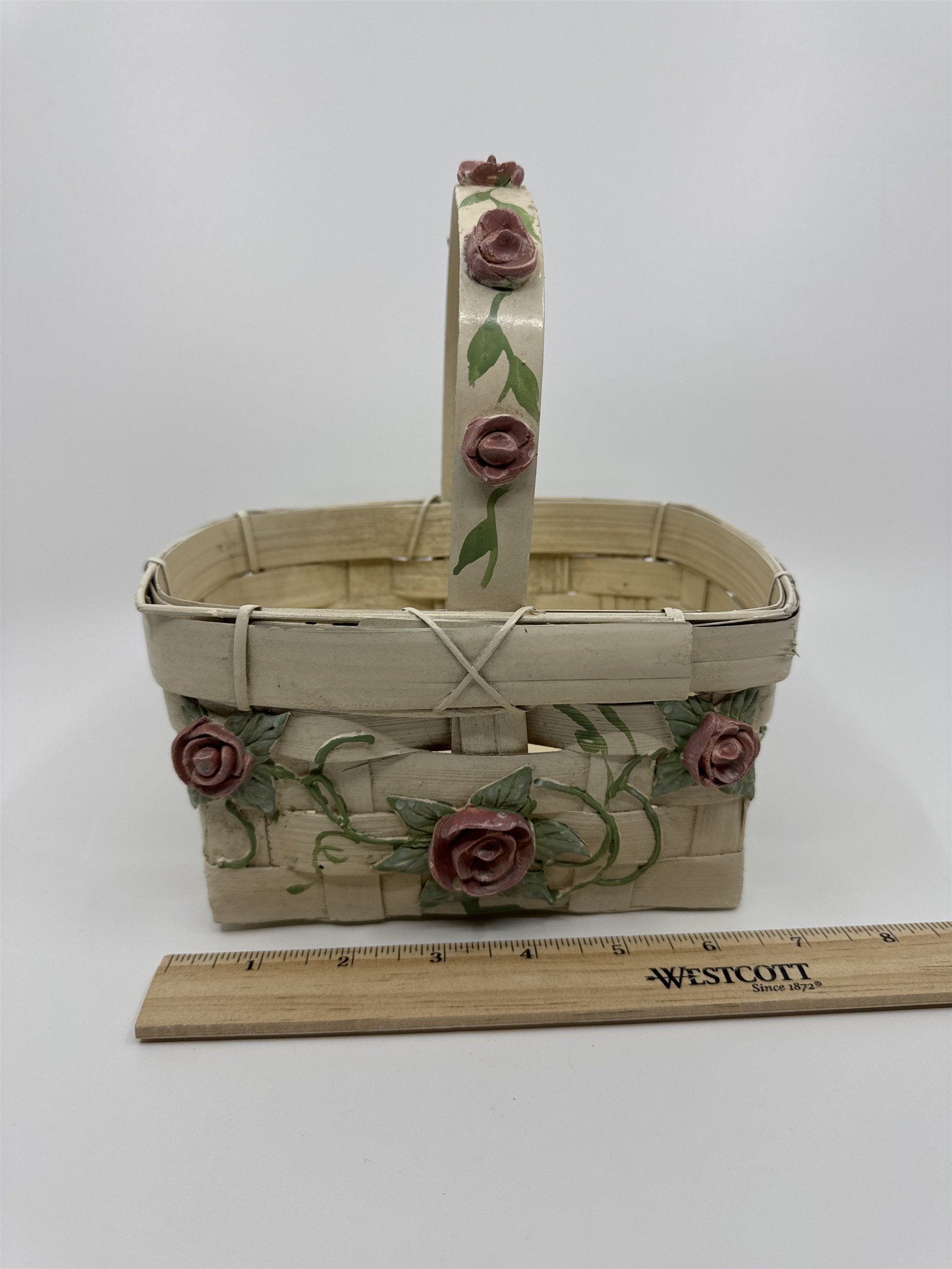 Vintage Woven Cream Basket with Raised Pink Painted Roses with Green Leaves
