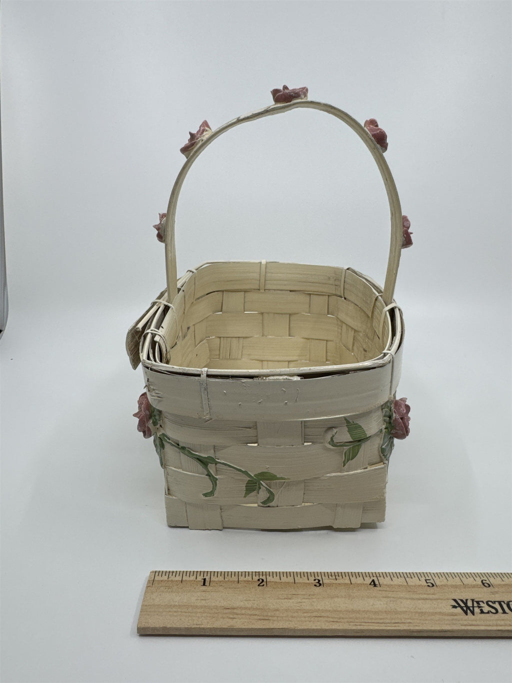 Vintage Woven Cream Basket with Raised Pink Painted Roses with Green Leaves