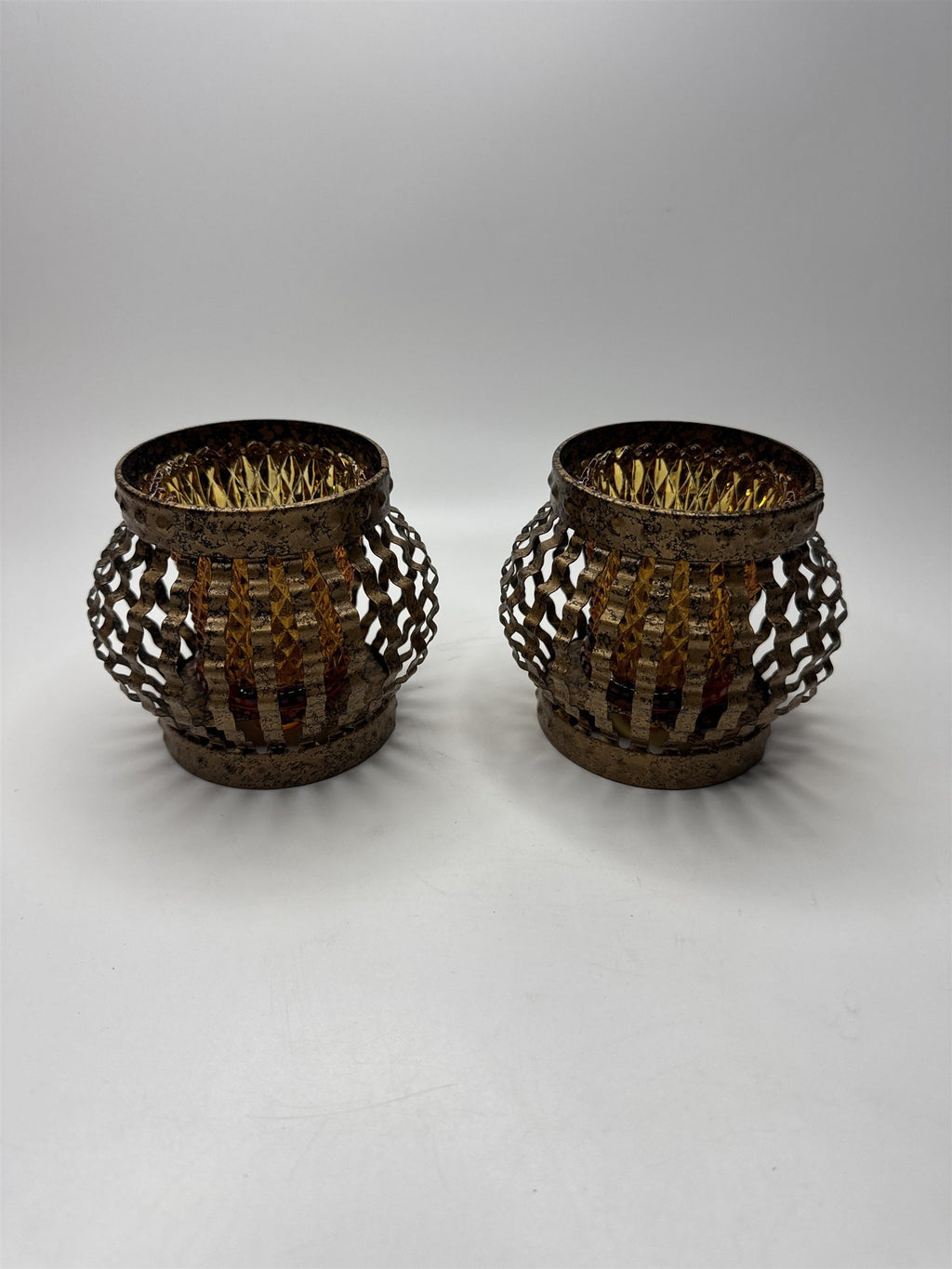 1970s Vintage Home Interiors Metal Caged Votive Candle Holders /w Hobnail Votive
