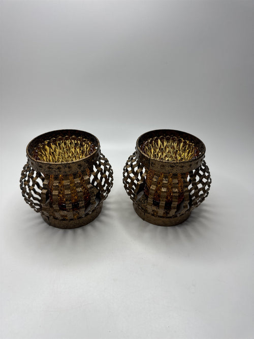 1970s Vintage Home Interiors Metal Caged Votive Candle Holders /w Hobnail Votive