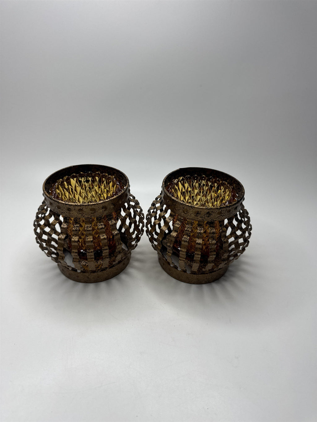 1970s Vintage Home Interiors Metal Caged Votive Candle Holders /w Hobnail Votive