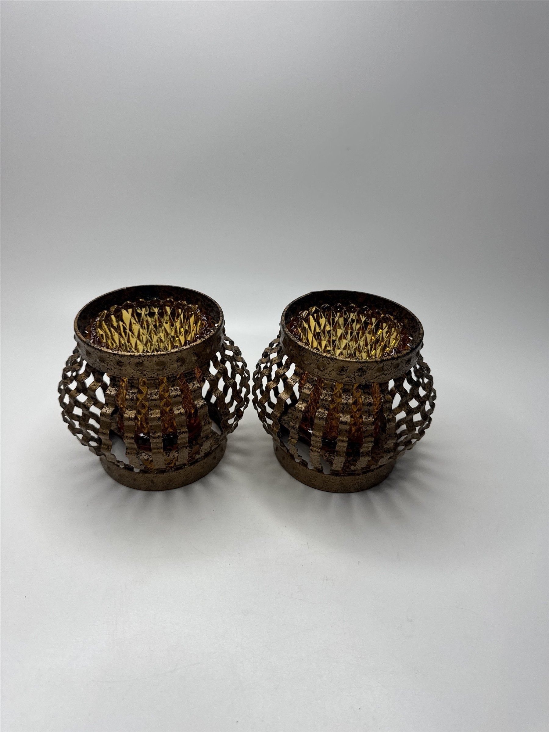 1970s Vintage Home Interiors Metal Caged Votive Candle Holders /w Hobnail Votive