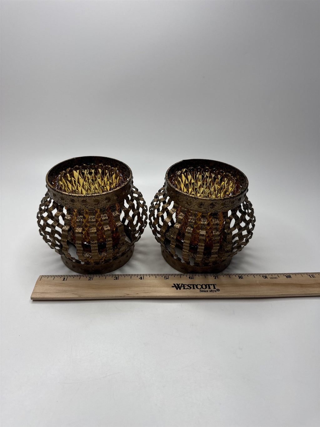 1970s Vintage Home Interiors Metal Caged Votive Candle Holders /w Hobnail Votive