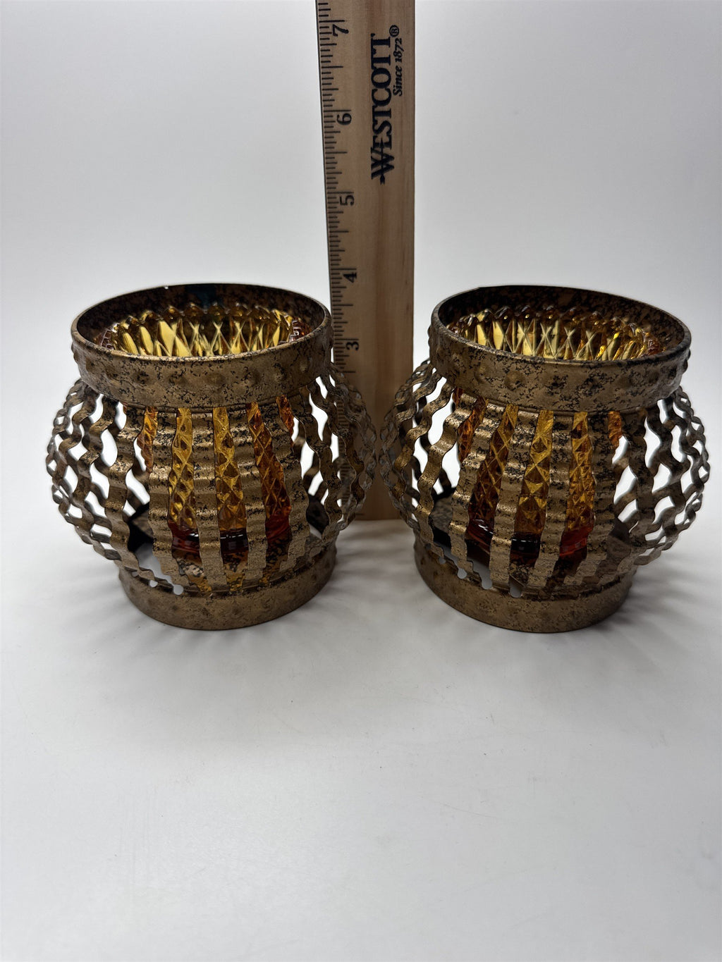 1970s Vintage Home Interiors Metal Caged Votive Candle Holders /w Hobnail Votive